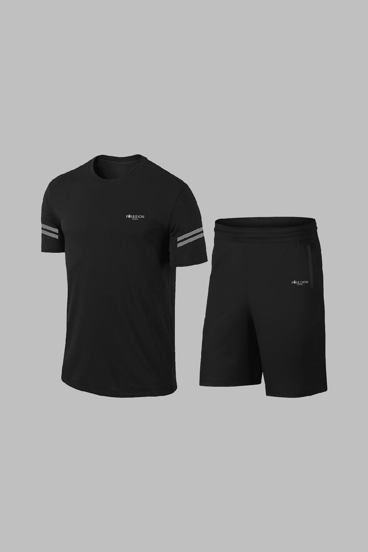 POSEIDONSTORM Over Size Erkek Siyah Dri-Fit Kumaş Cepli Baskısız Yürüyüş ve Koşu için Sporcu Tişört Şort Alt Üst İ