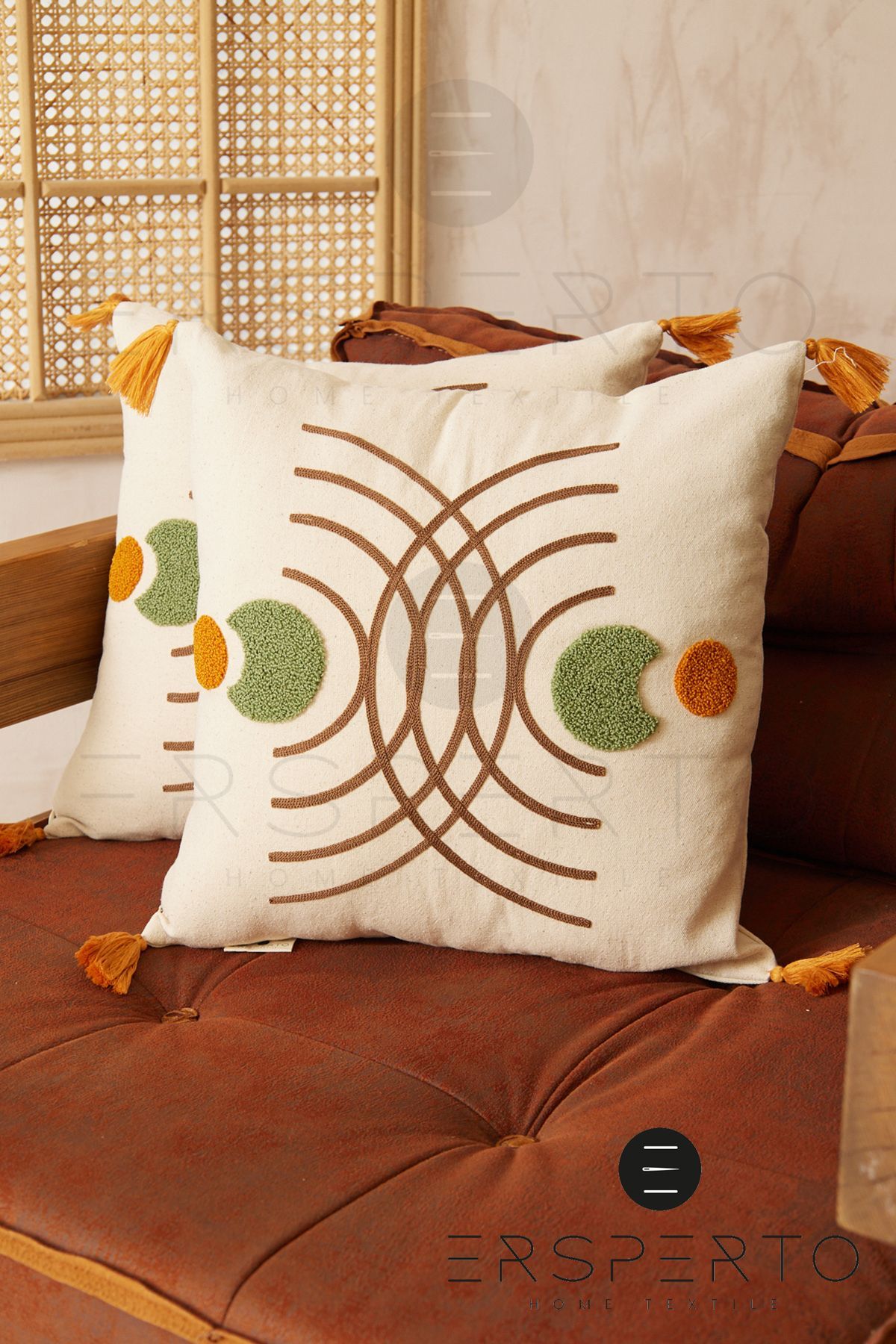 Ersperto Bohem Püsküllü Keten Dekoratif Kırlent Kılıfı Yastık Kılıfı 1 Adet 43x43cm