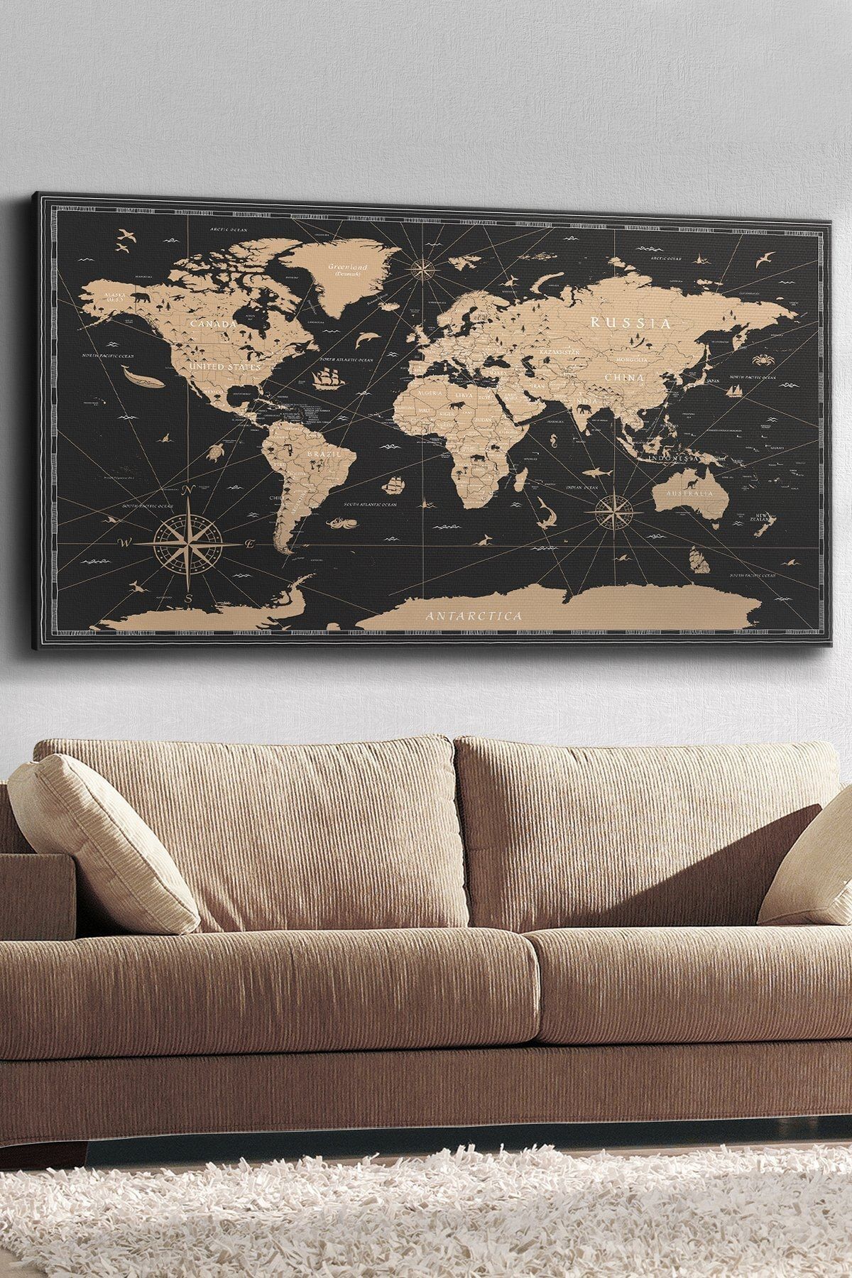 Evimemoda Vintage Dünya Haritası Kanvas Tablo
