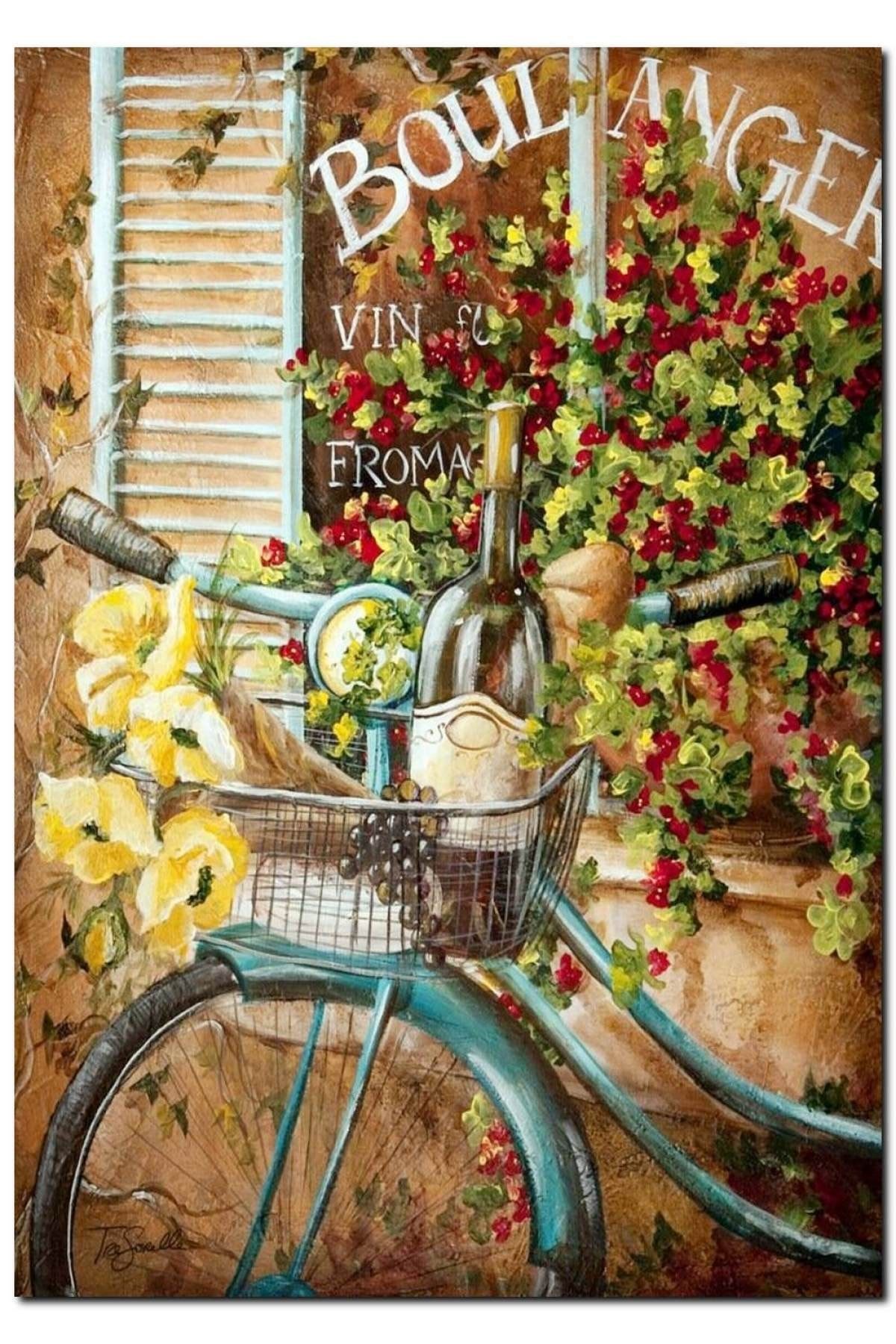 Cakatablo Bisiklet Sepetinde Şarap Meyveler ve Çiçekler Ahşap Tablo