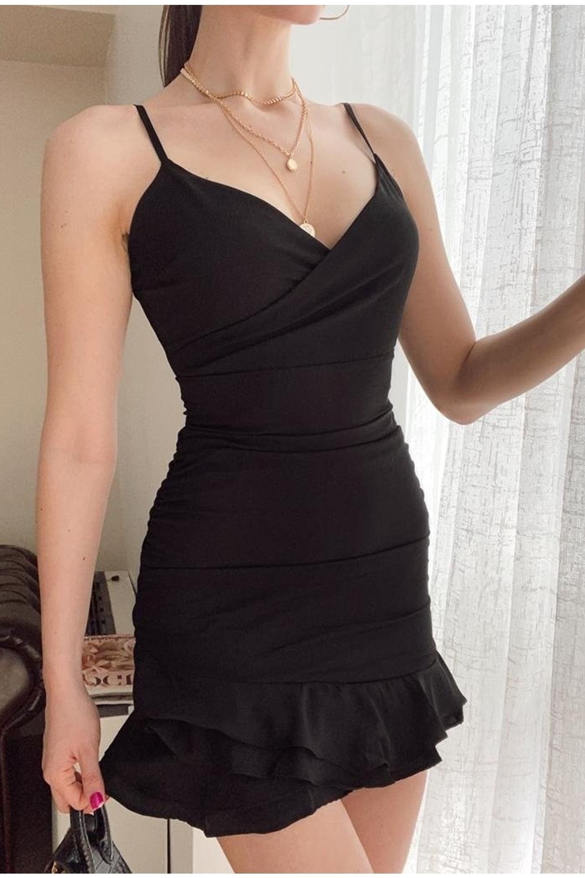 lovebox Ince Askılı Kruvaze Yaka Siyah Abiye Elbise Black Prom Dress Sd-005