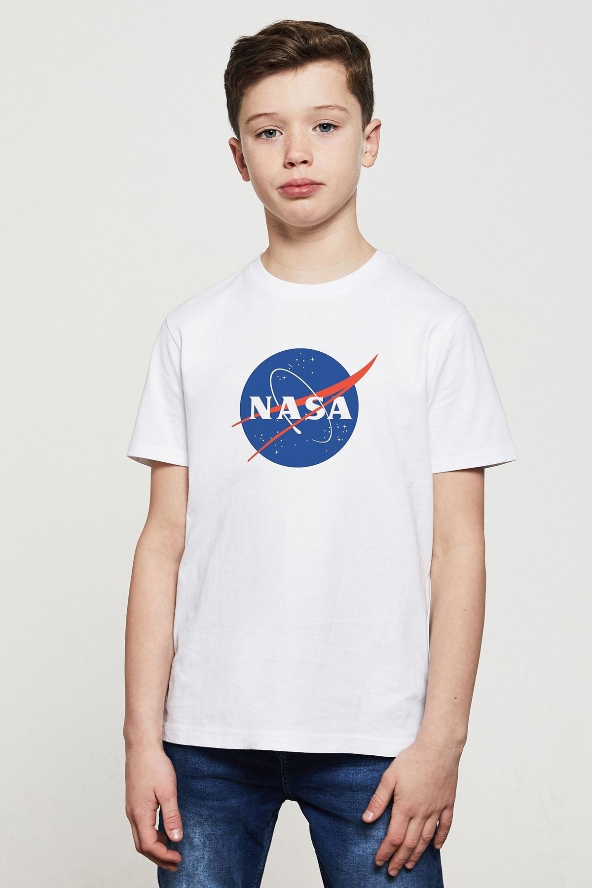 QIVI Nasa Baskılı Unisex Çocuk Beyaz T-shirt