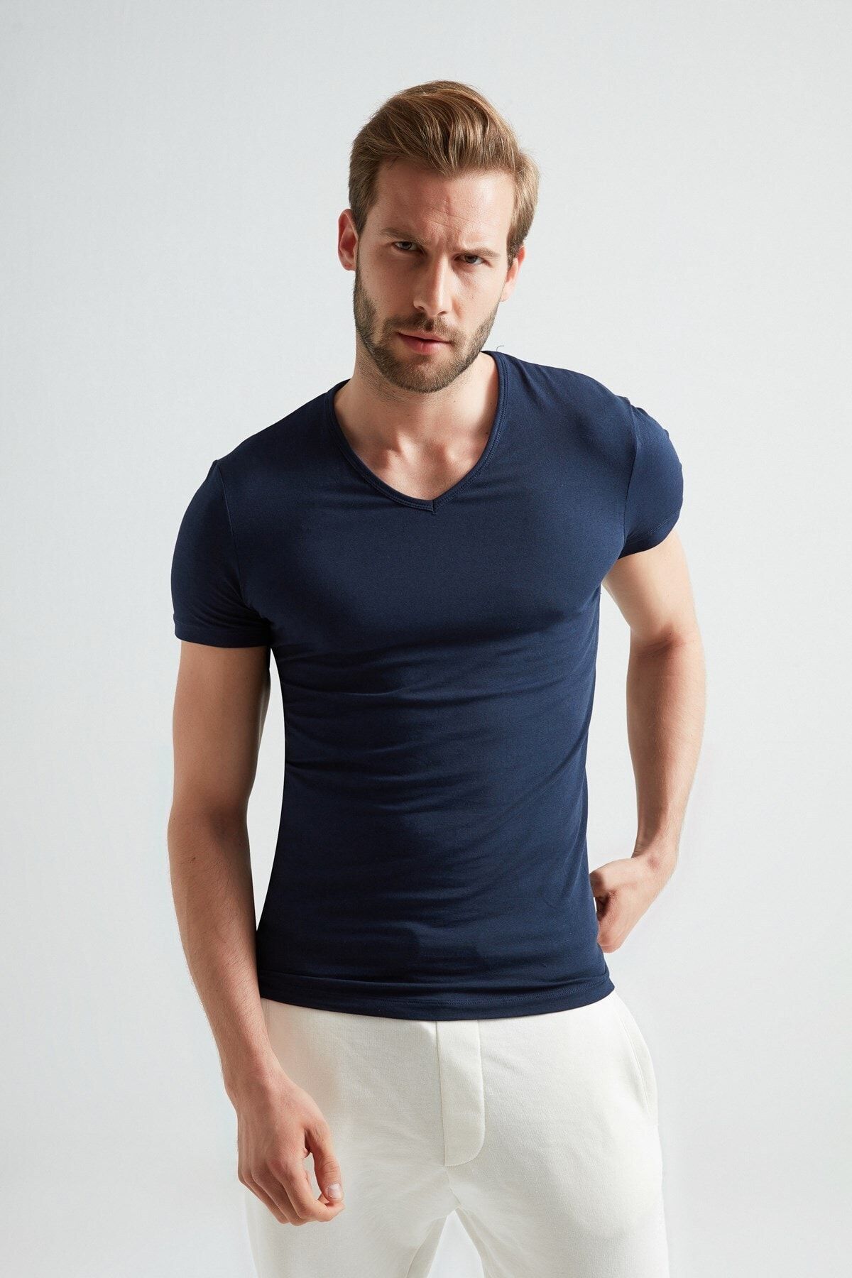 ERDEM İÇ GİYİM Erdem Lacivert V-yaka Slim Unisex T-shirt 1025