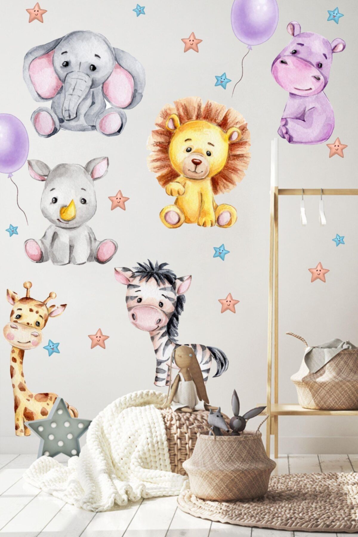 MSticker Sevimli Hayvanlar Balon Ve Yıldızlar Çocuk Bebek Odası Sticker Seti