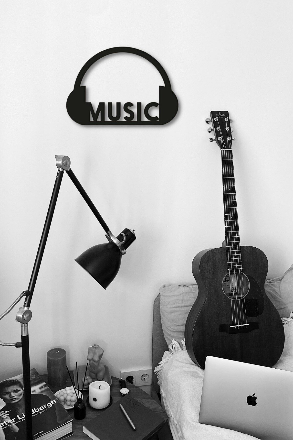 NT Handmade Siyah Ahşap Kulaklık Music Duvar Dekoru - Salon Oturma Yatak Çocuk Odası Ofis Için 28x40cm Tablo