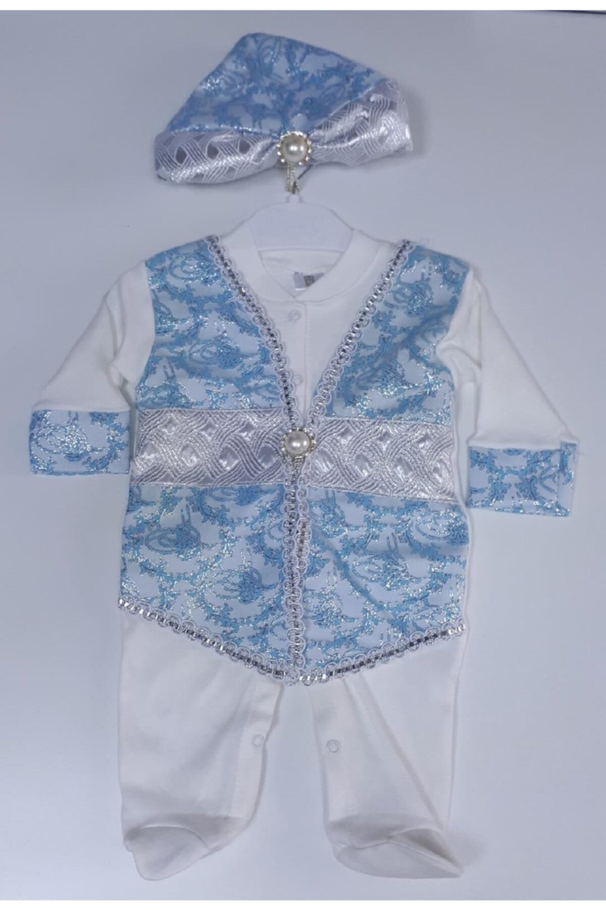 Ponpon Baby Erkek Bebek Şehzade Sultan Tulum Mevlüt Takımı Sünnetlik, Mavi-gümüş, Sünnet Takımı Doğum Hediyesi
