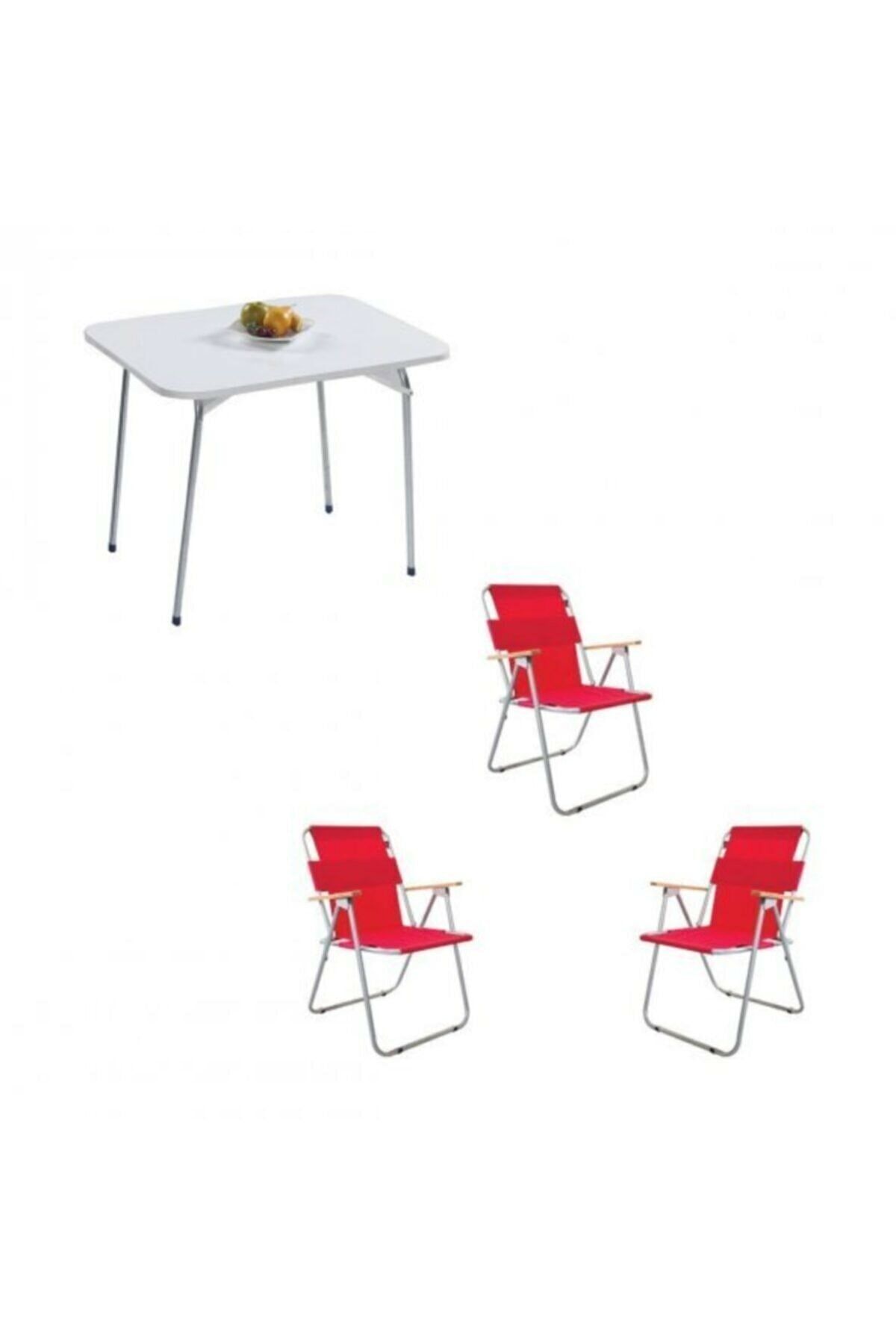 Mocca Style 60x80 Katlanır Masa + 3 Adet Kırmızı Kamp Sandalyesi Katlanır Sandalye