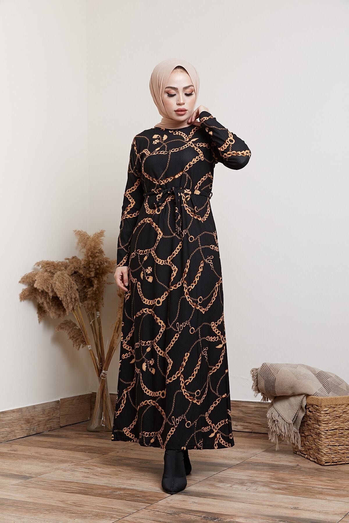MODAEFA Kadın Siyah Zincir Elbise Ham611