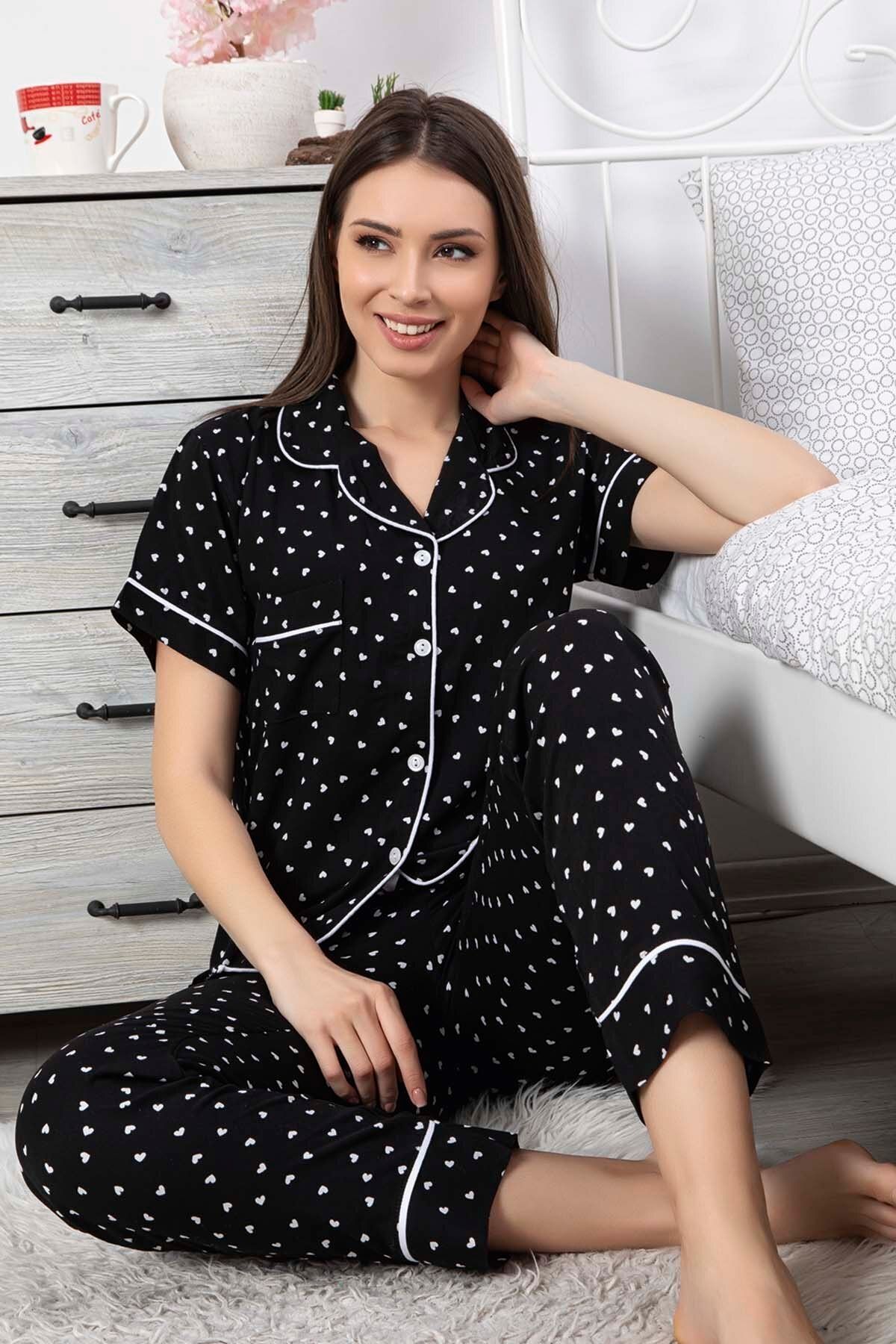 Maries Kadın Siyah Desenli Kısa Kol Pijama Takımı 60408