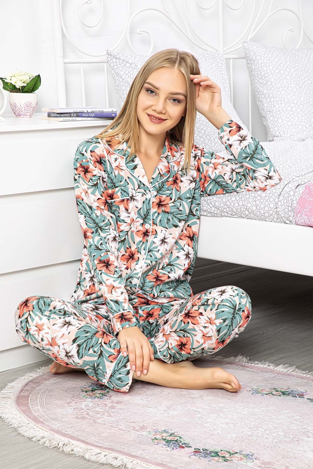 Maries Kadın Mavi Desenli Uzun Kol Pijama Takımı 60356