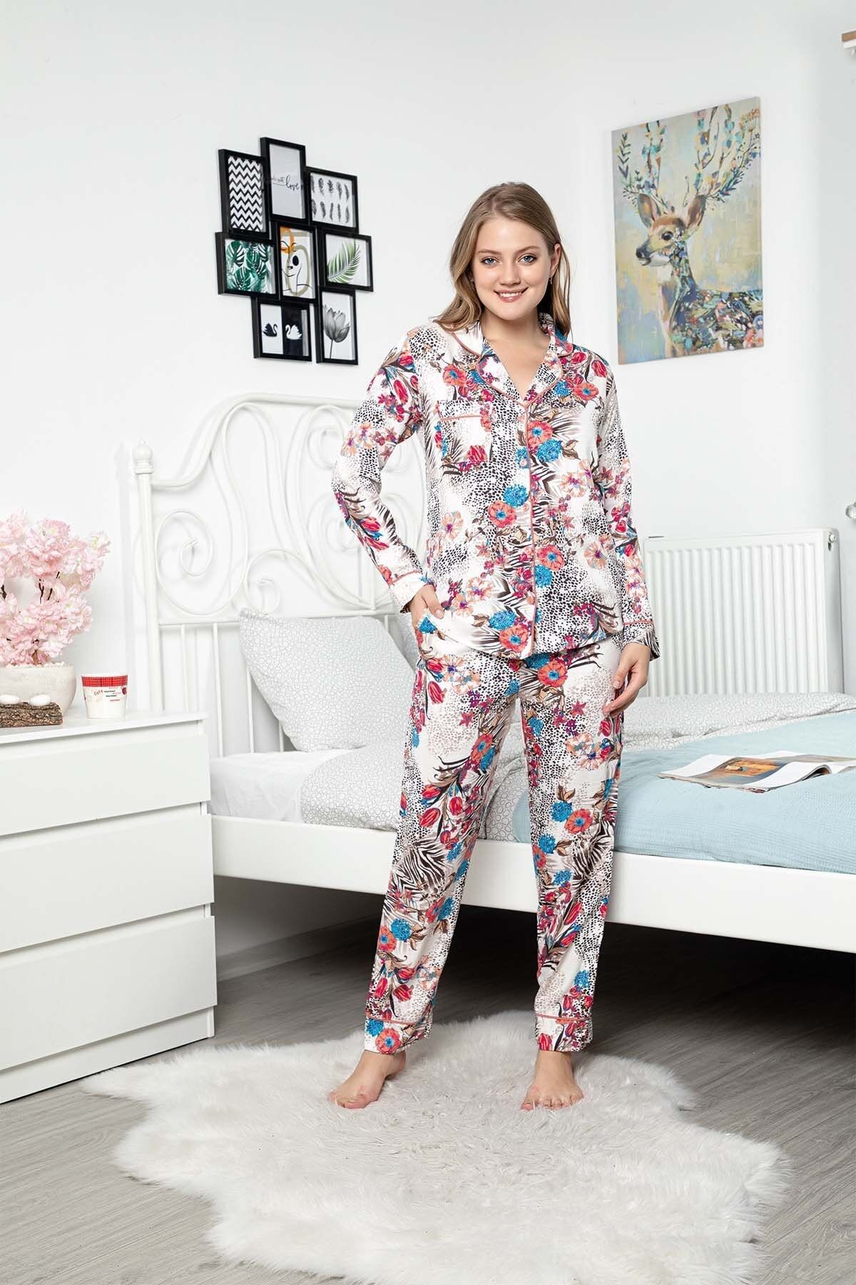 Maries Kadın Beyaz Desenli Uzun Kol Pijama Takımı 60342