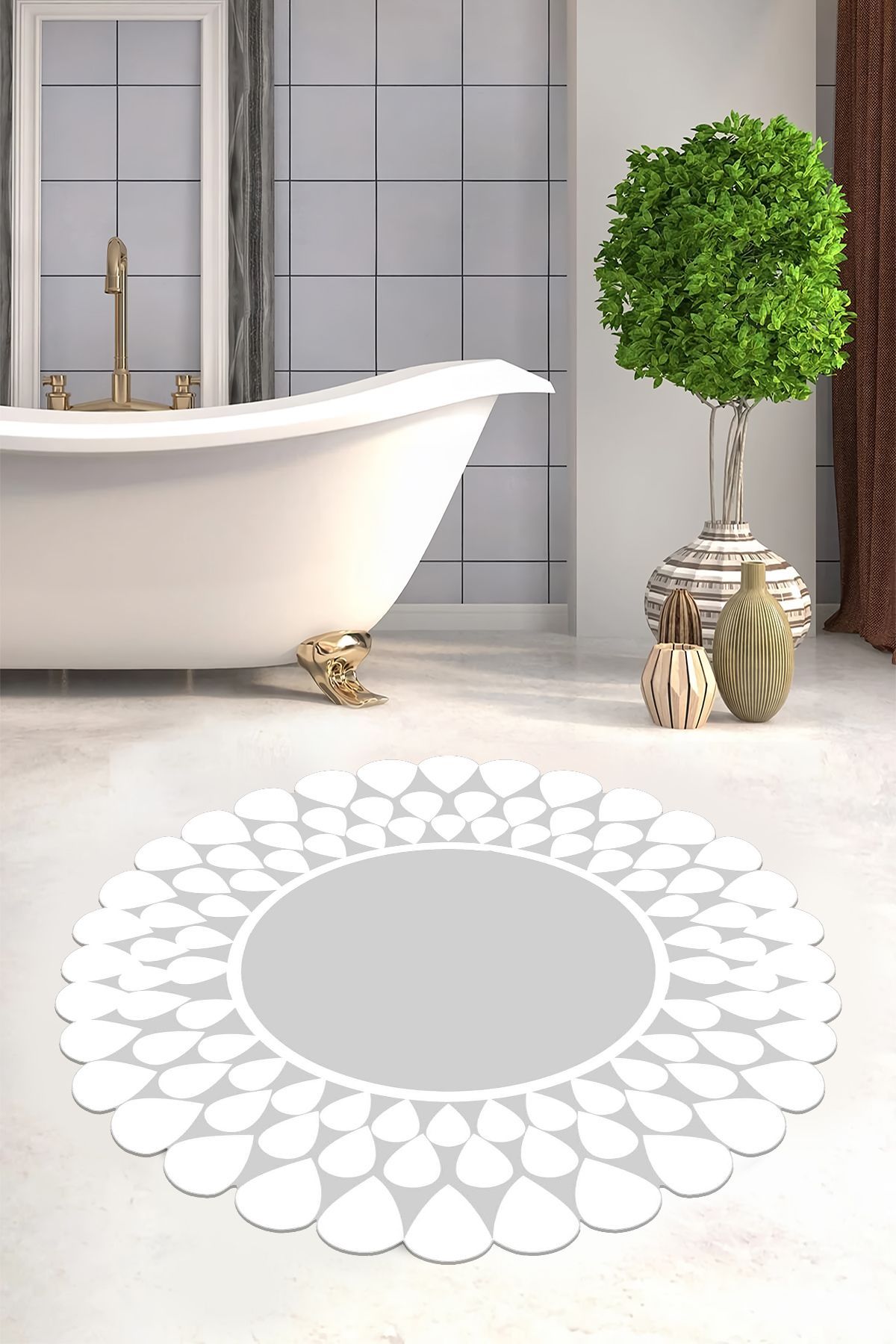 VOPTEKS Banyo Halısı Yuvarlak Banyo Paspası Açık Gri Beyaz Banyo Paspası