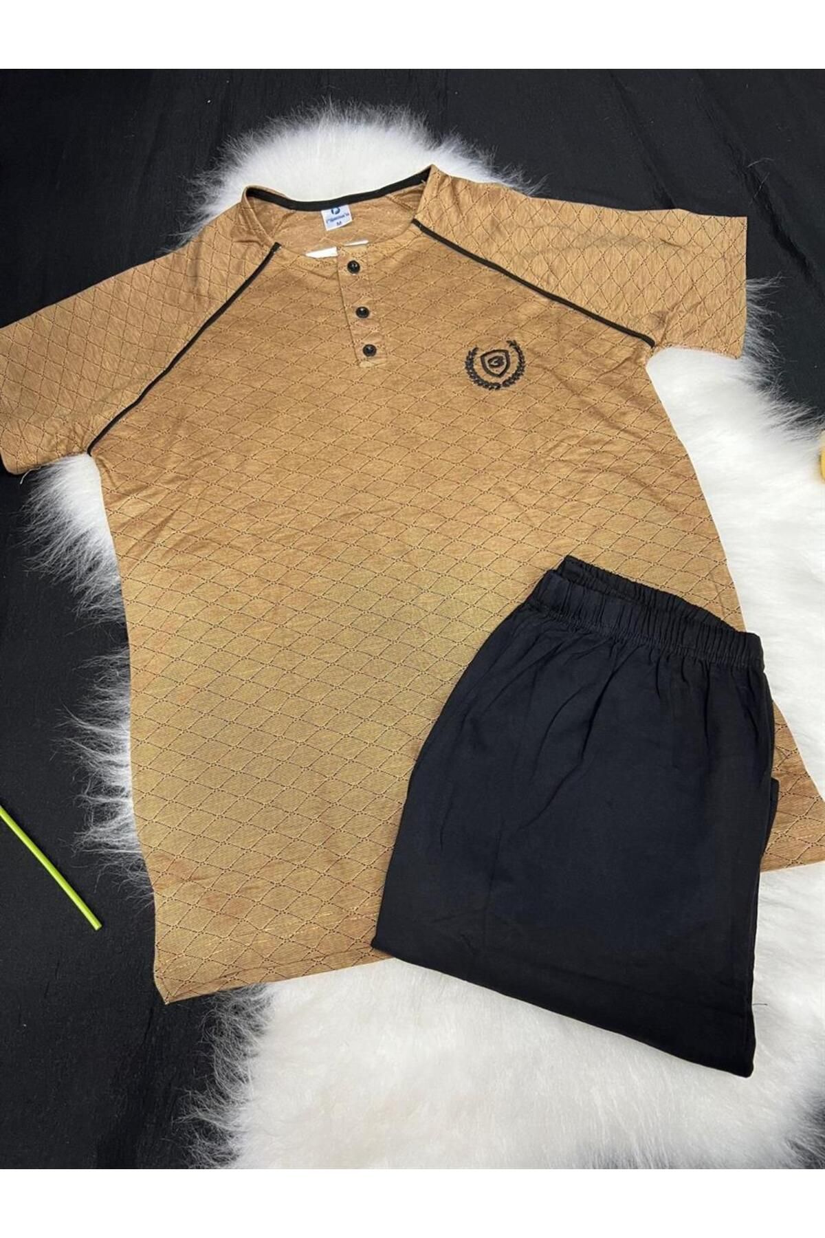 Pijamoni Erkek Kısa Kol Şortlu Pijama Takım 6185 Karamel