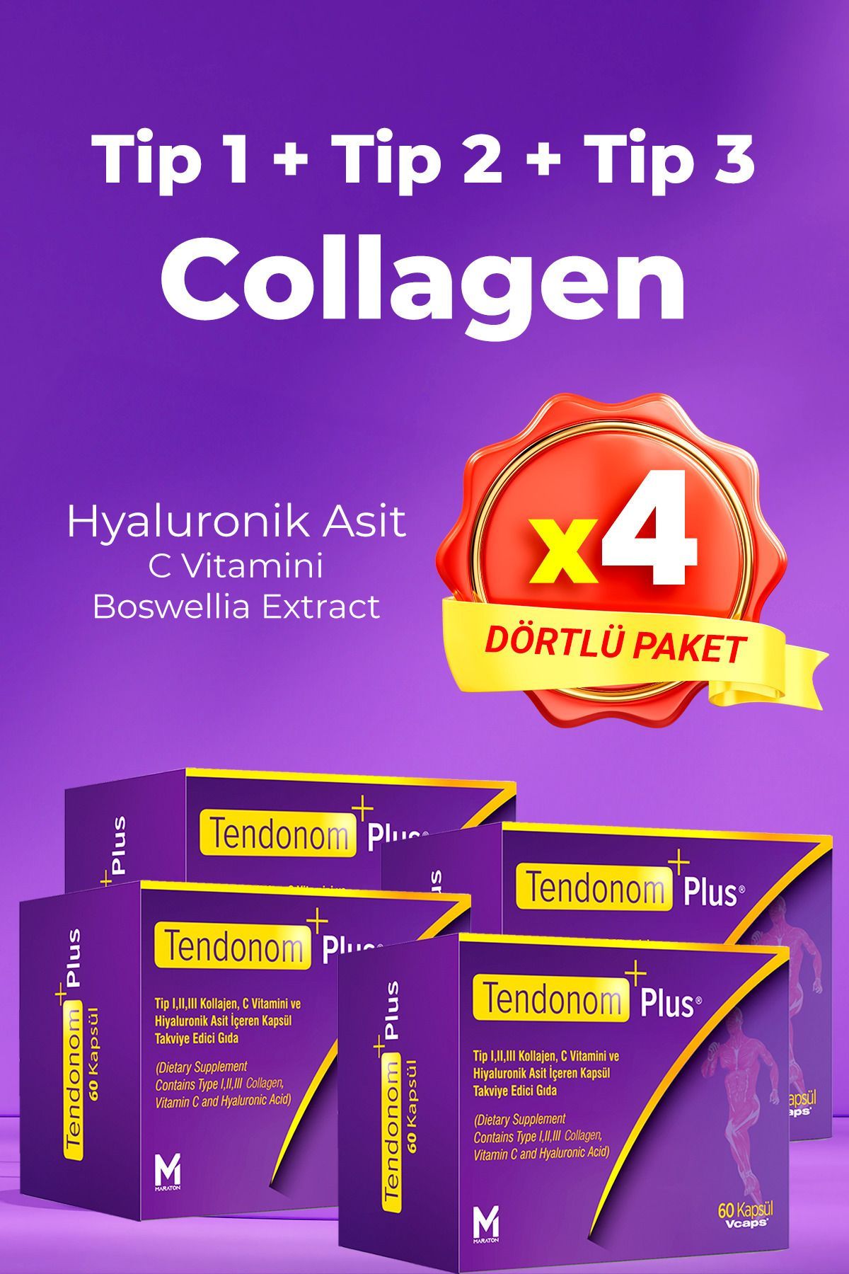 Tendonom Plus Tip 1-2-3 Kollajen Hiyalüronik Asit 60 Kapsül x 4 Adet