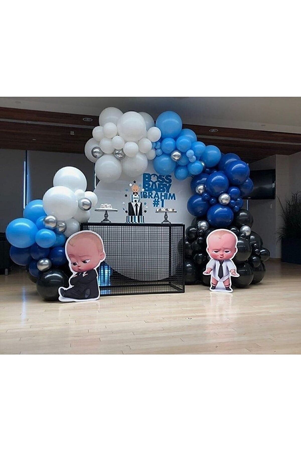 HKNYS Krom Gümüş Pastel Siyah Lacivert Ve Makaron Mavi Ve Beyaz Balon Zinciri Patron Bebek Konsept Balon