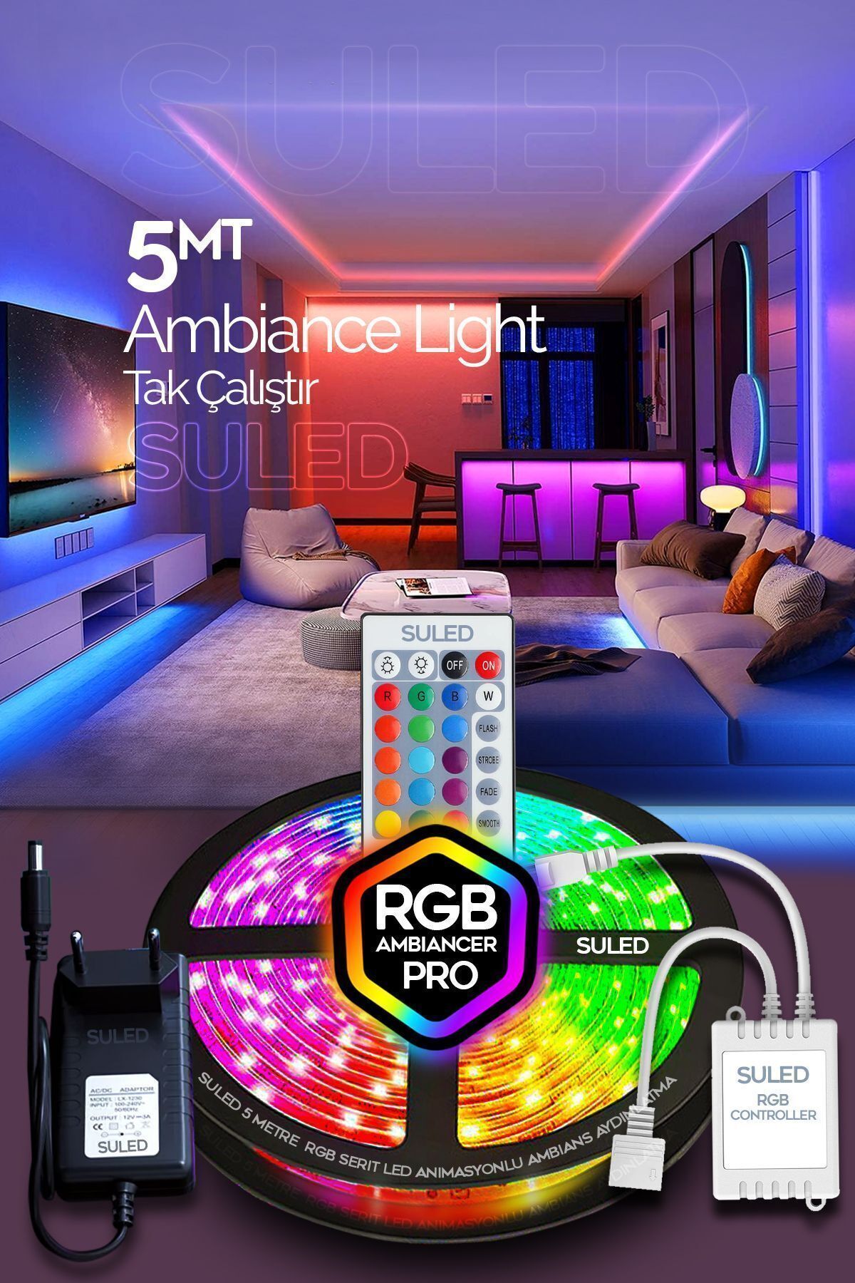 SULED Şerit Led 5 Metre Animasyonlu Tak Çalıştır Kumandalı Trafolu Rgb Şerit Işık Aydınlatma Parti Led