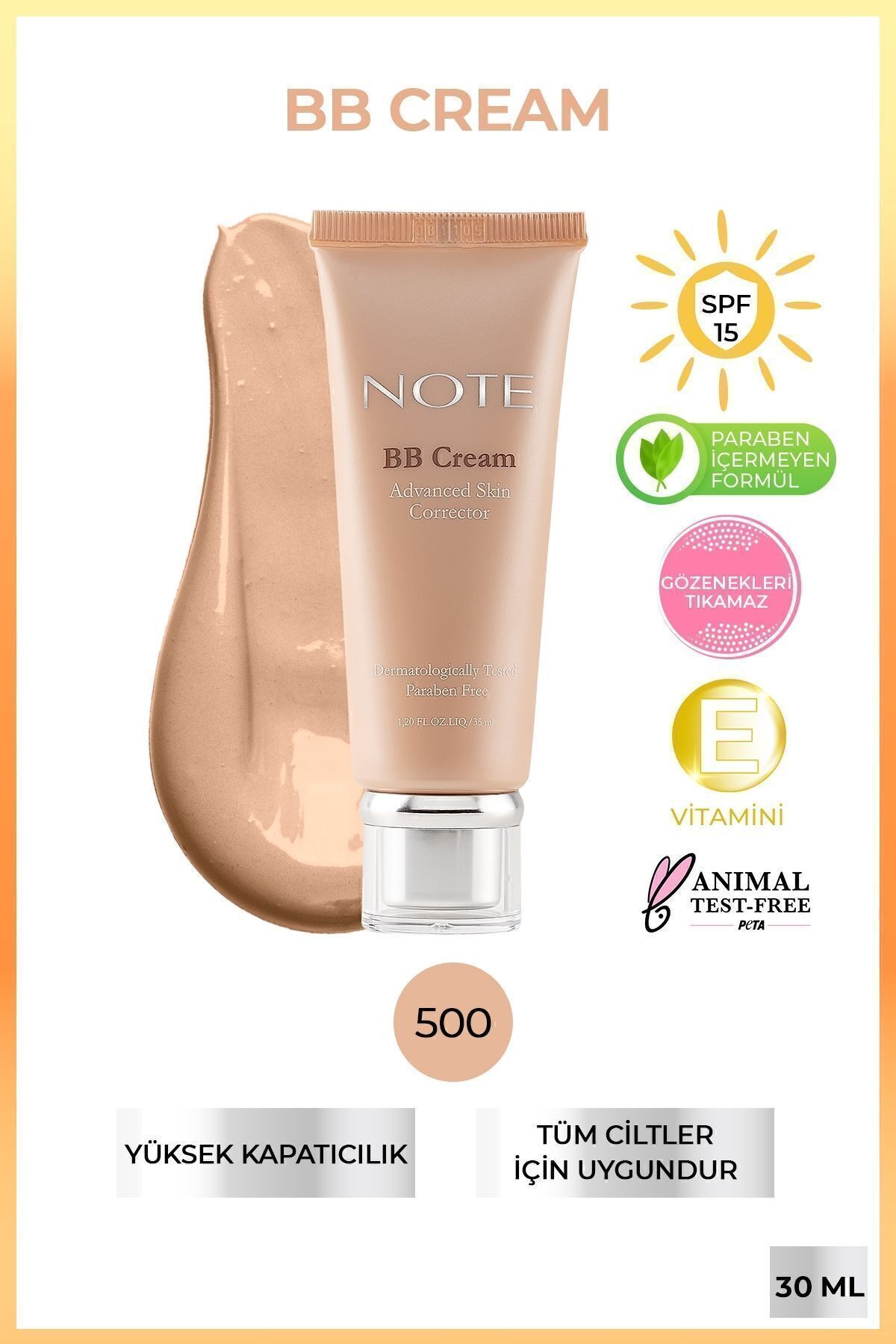 Note Cosmetics BB Cream SPF 15 Nemlendirici Etkili Yoğun Kapatıcı BB Krem - 500 Orta Açık