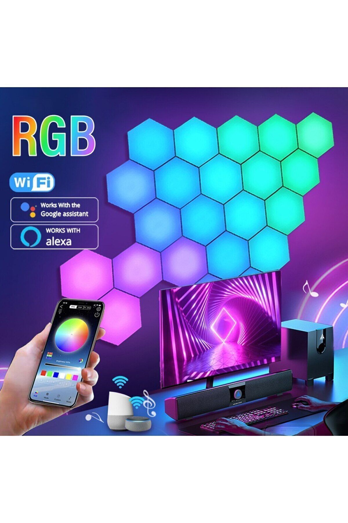 IntersTech RGB LED  Akıllı Altıgen Duvar Lambası Kumandalı Gece Işığı Fuaye Çalışma oyun ve yatak odası 6 Panel