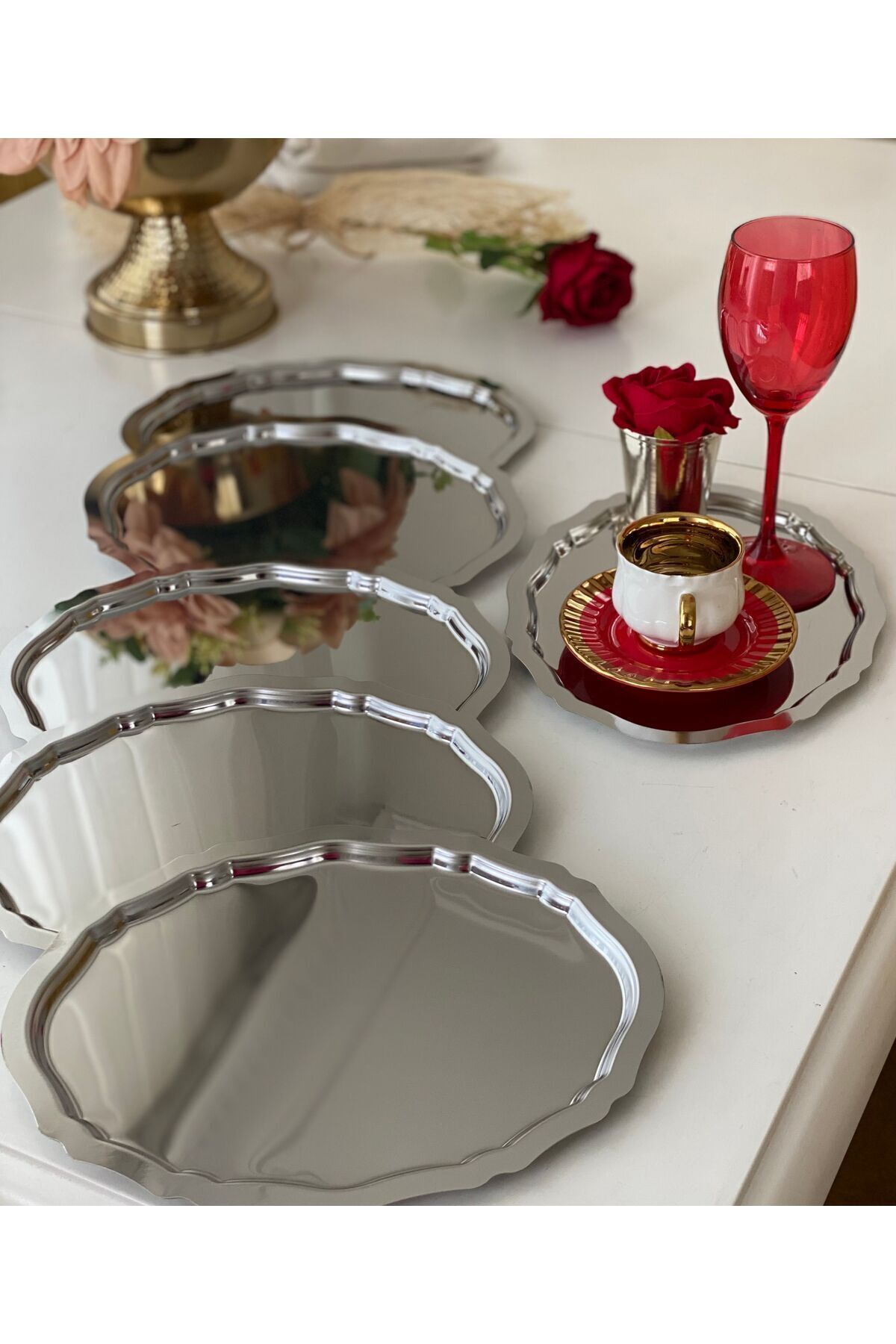 Elzemm store 20*25 CM ÇELİK OVAL DALGALI MODEL 6 ADET SERVİS VE SUNUM TEPSİSİ