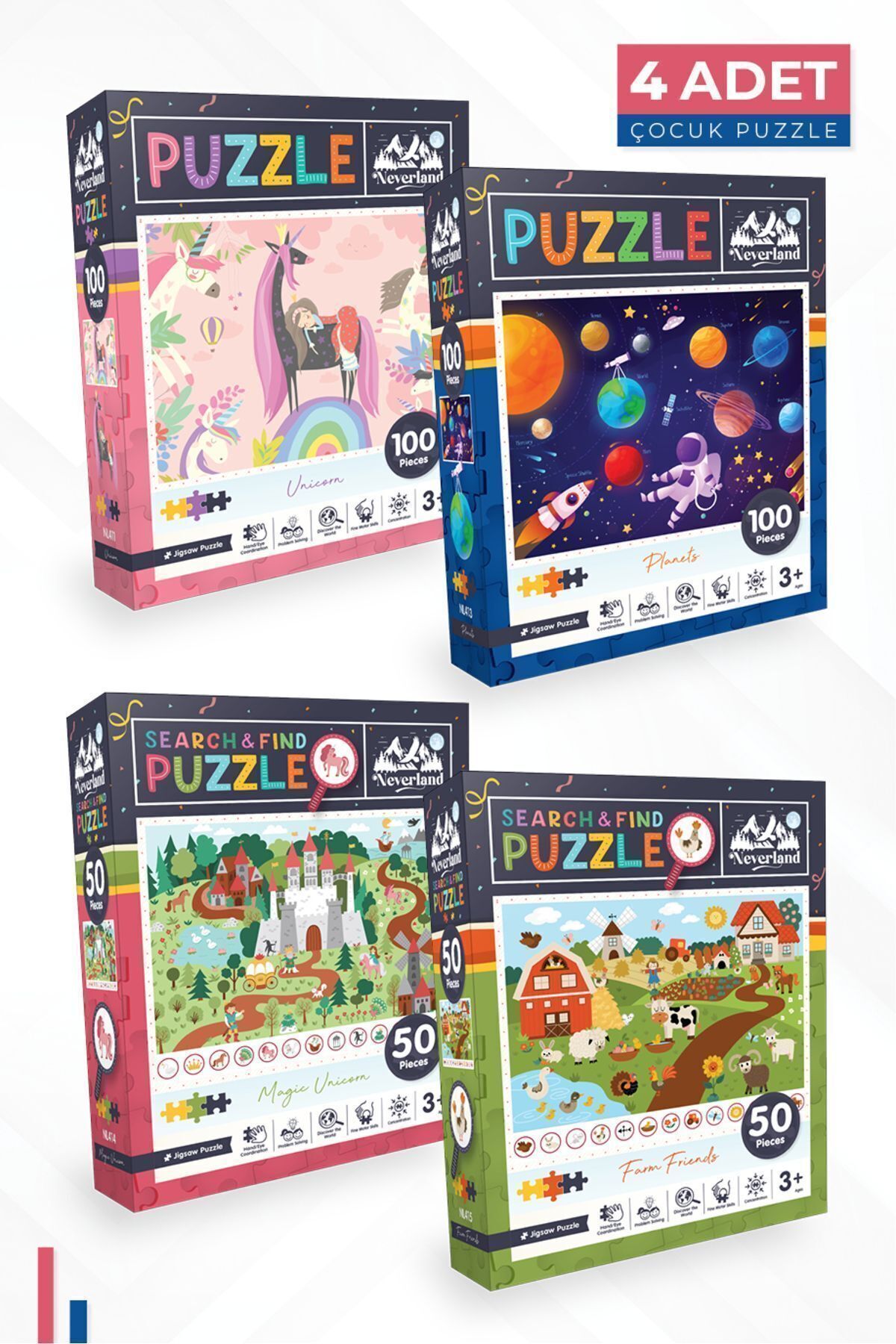 Neverland 4'lü Çocuk Puzzle- 100 P. Unıcorn Ve Gezegenler Ve 50 P. Ara Ve Bul Unıcorn Ve Çiftlik Arkadaşları