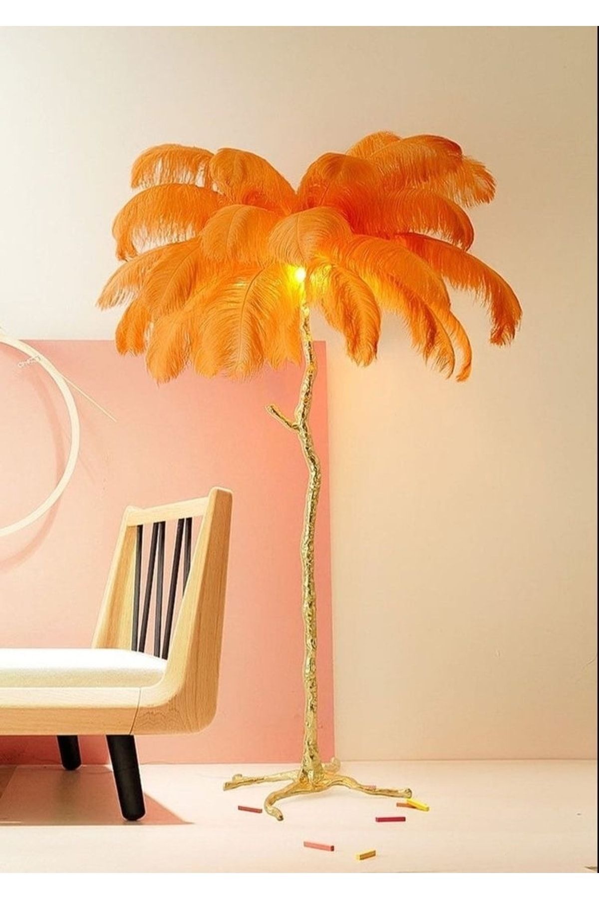 VİSENTE HOME Deve Kuşu Modern Lambader / Tüy Turuncu