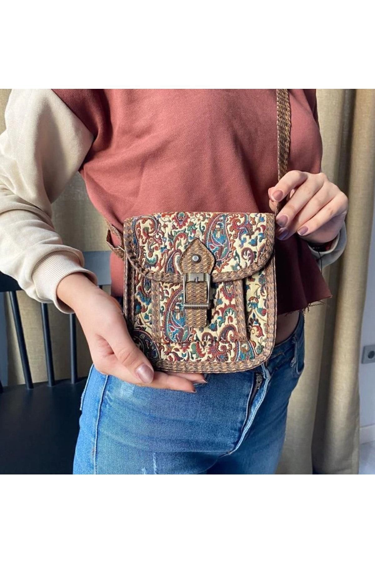 Wotrart Etnik Tarz Kilim Desenli Terme Omuz Çantası, Askılı Çanta, Günlük Çanta Kumaş Çanta Ölçü : 15x17 Cm