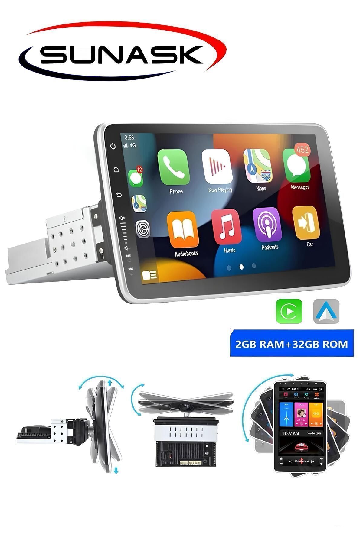 Sunask S1002 10.1inç Android 15 Tek Din Carplay 2gb Ram 32gb Hafıza 360 Derece Ekran Multimedya Teyp