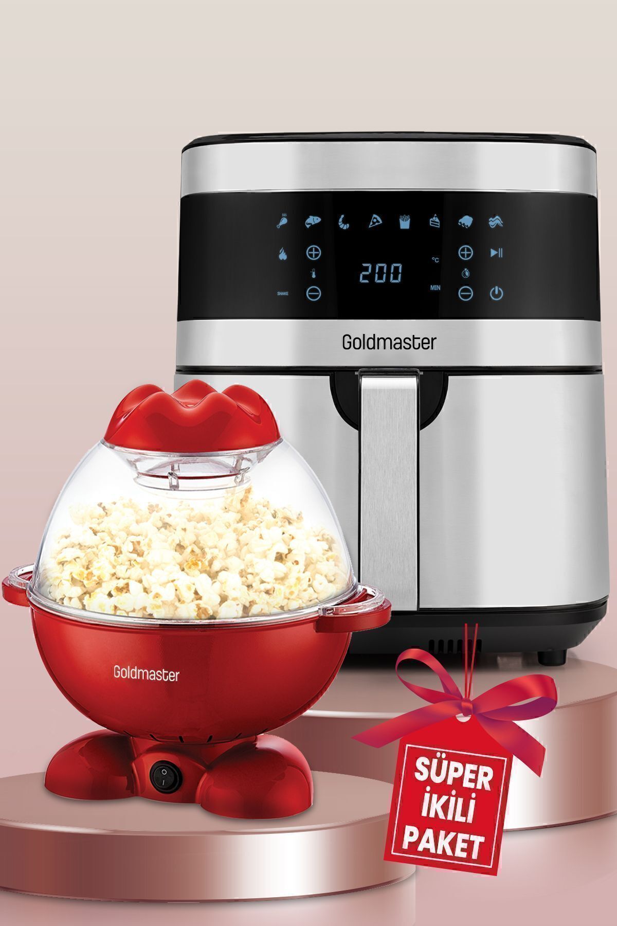 GoldMaster Avantajlı İkili Set 7 Litre İnox XXL Airfryer Sıcak Hava Fritöz Mısır Patlatma Pop Corn Makinesi