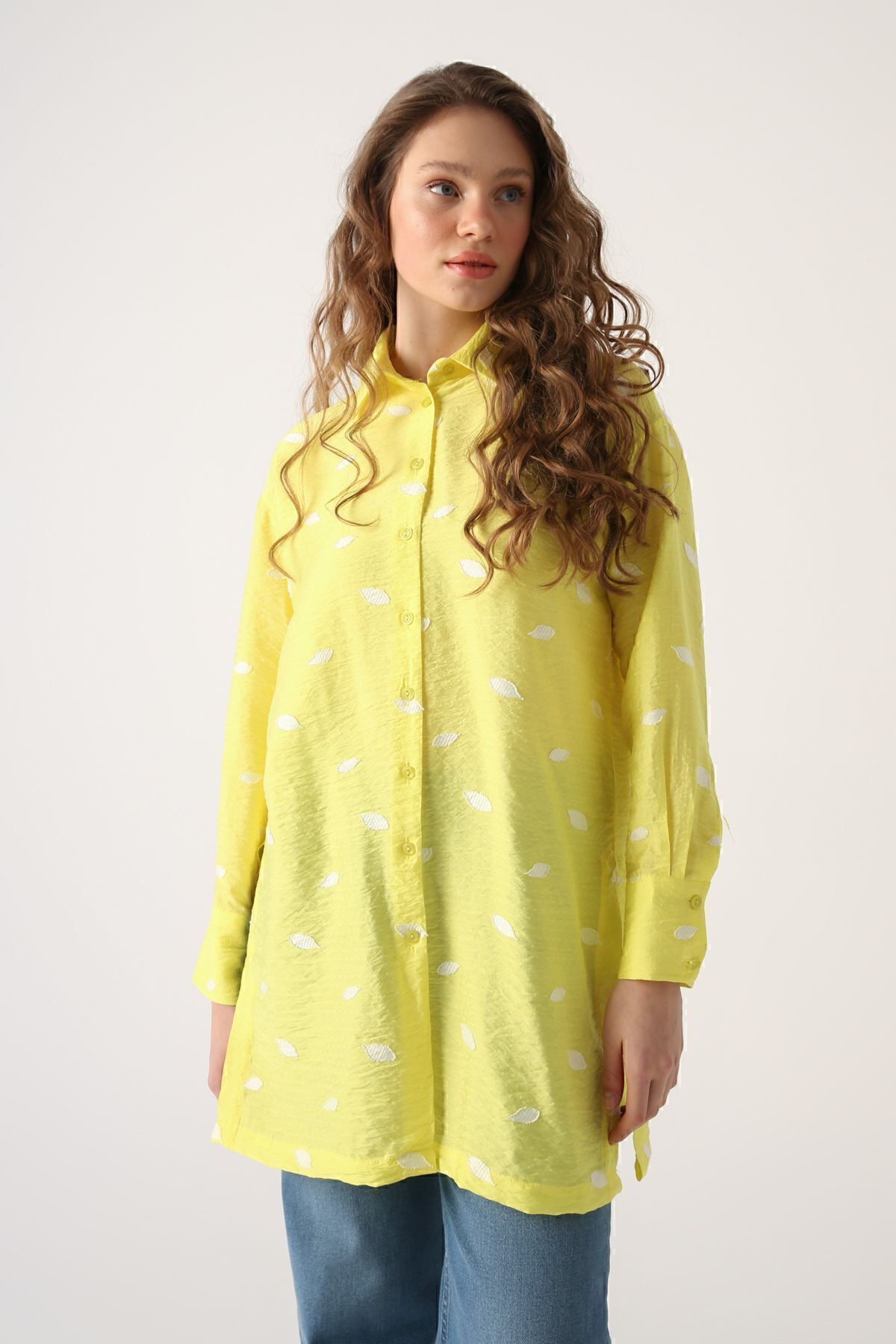 ALLDAY Sarı Oversize Yırtmaçlı Desenli Gömlek Tunik