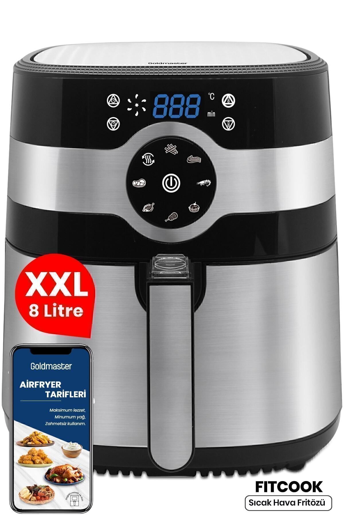 GoldMaster Fitcook 8 Litre Inox Geniş Hazneli Xxl Yeniden Isıtma Fonksiyonlu Airfryer Sıcak Hava Fritözü