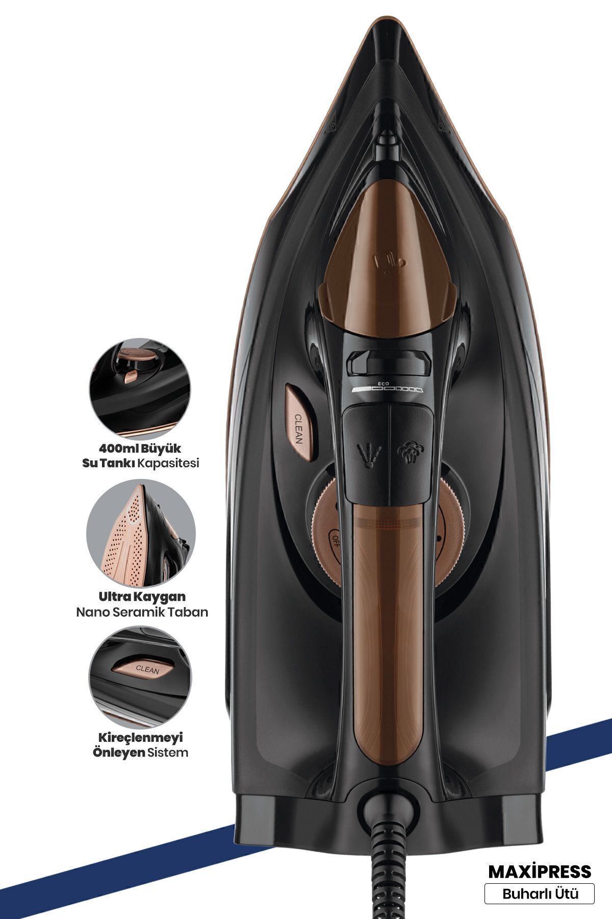 GoldMaster Powerjett 2200 Watt Nano Seramik Tabanlı Geniş Su Tanklı 160 Gr Etkili Şok Buharlı Ütü
