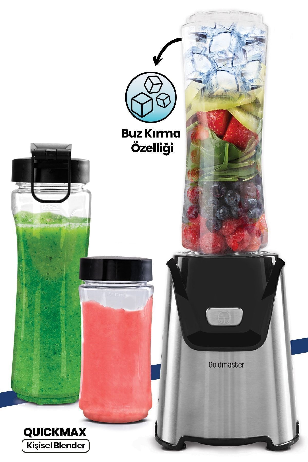 GoldMaster Quickmax Buz Kırma Özellikli Inox 2 Adet Bpa Free Tritan Şişeli Kişisel Personal Smoothie Blender