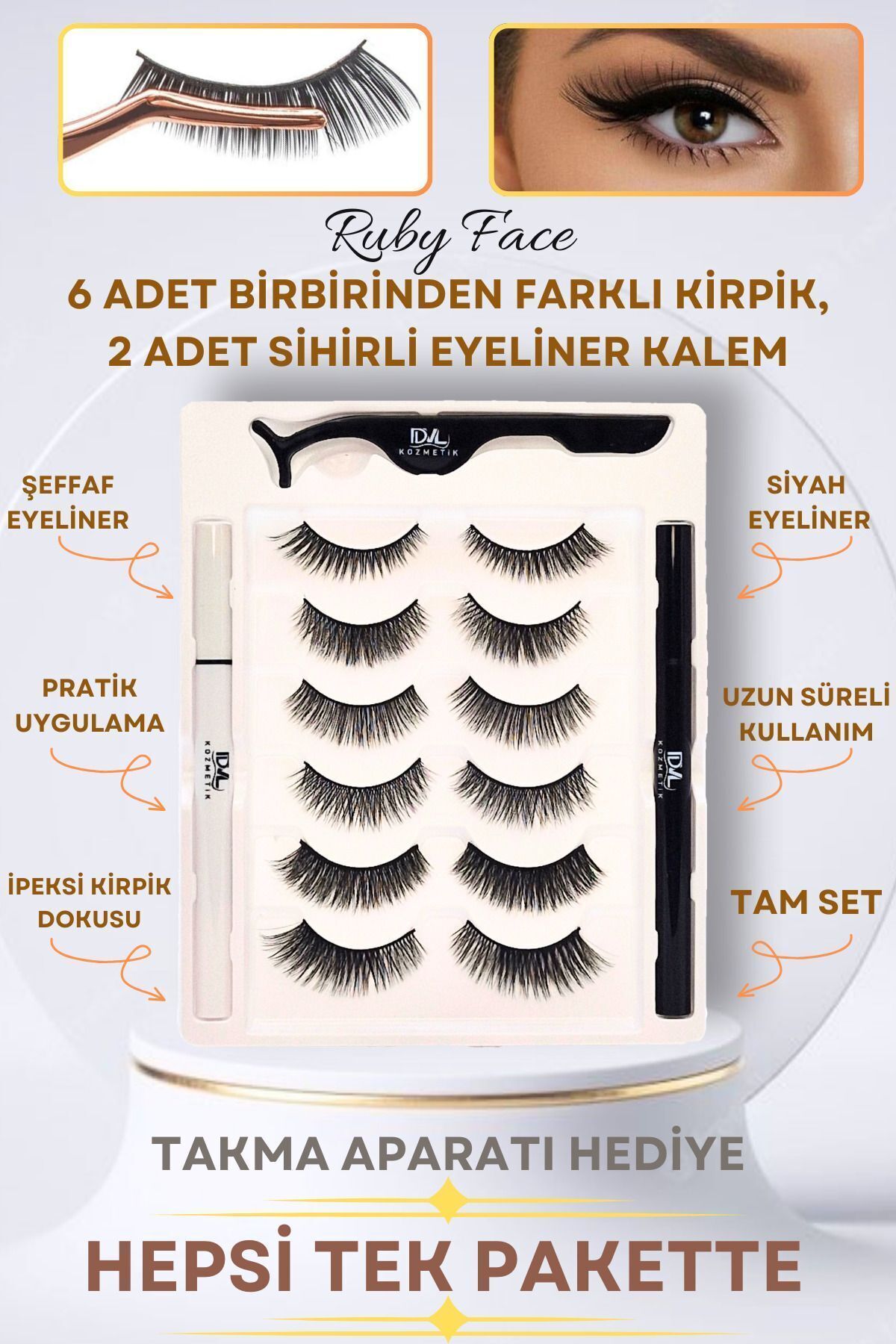 ruby face 6lı Takma Kirpik Seti -6 Farklı Model Kalem 2 Adet (SİYAH-ŞEFFAF) Yapıştırıcı (KİRPİK APARAT HEDİYE)