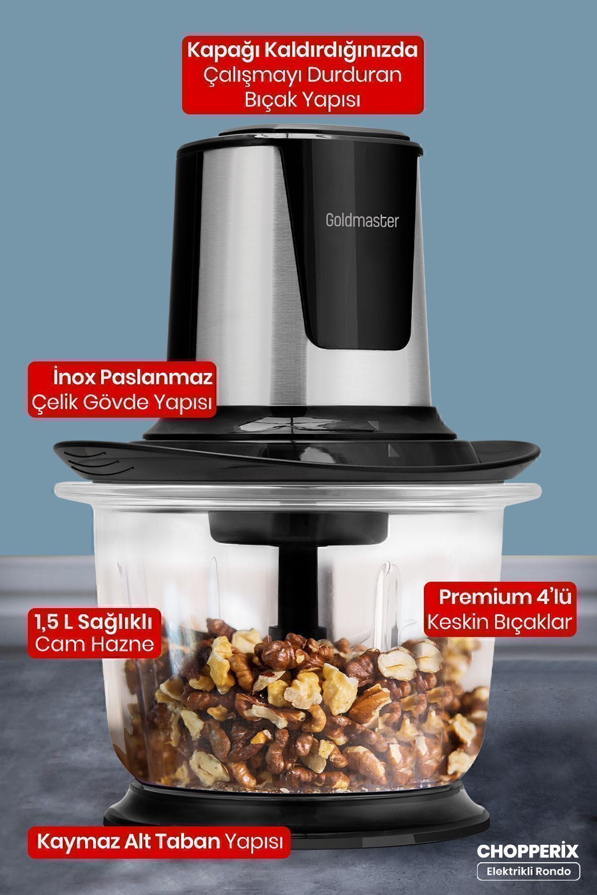 GoldMaster Chopperix İnox 1.5 Litre Büyük Cam Hazneli 4 Bıçaklı Paslanmaz Çelik Rondo Doğrayıcı GM7297