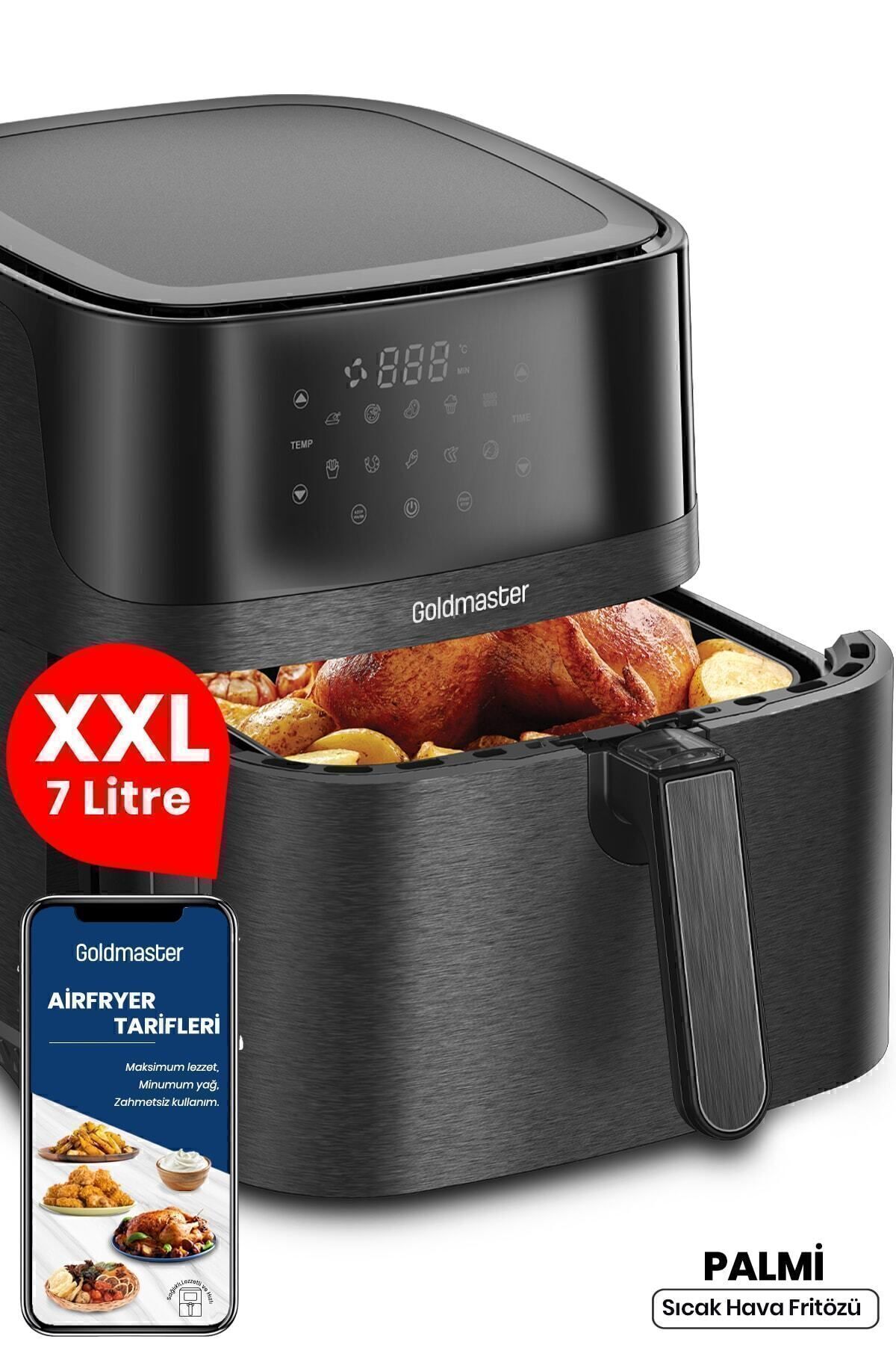 GoldMaster Palmi Sıcak Tutma Özellikli 7 Litre Geniş XXL Dokunmatik 10 Ön Ayarlı Airfryer Sıcak Hava Fritözü
