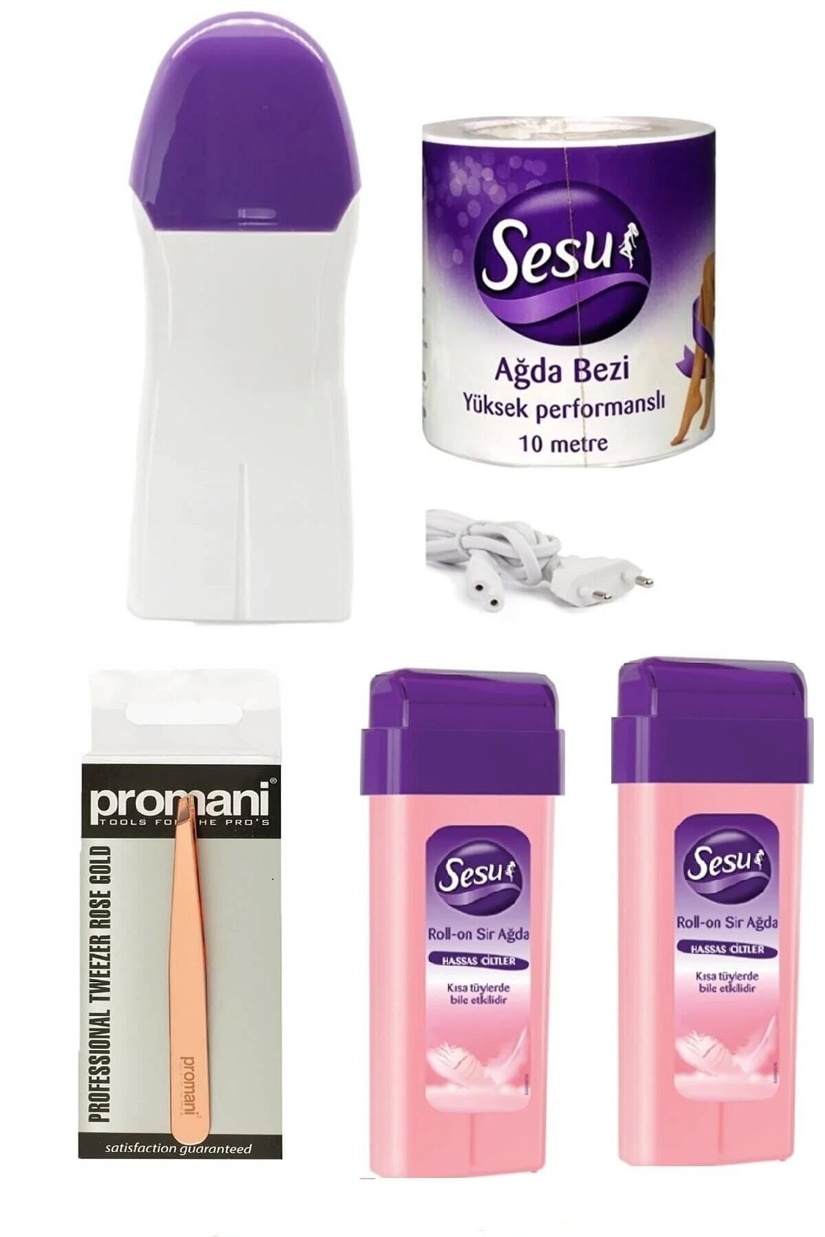 Sesu Ilık Ağda Roll-on Kartuş Ağda Pudralı 2 Adet Ağda Makinesi Isıtıcısı Ağda Bezi ve Cımbız