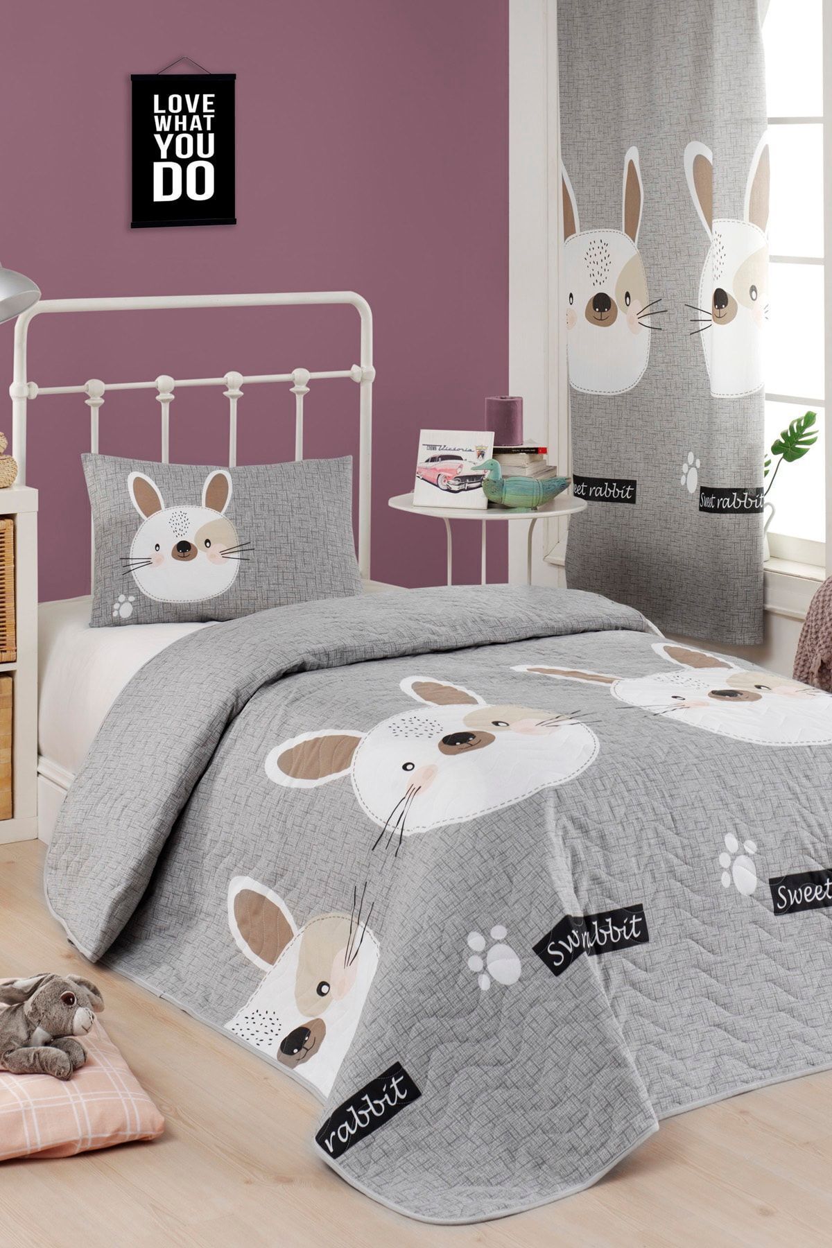 Eponj Home Kapitone Yatak Örtüsü Seti Tek Kişilik Tavşancık A.Kahve-Gri-Pembe