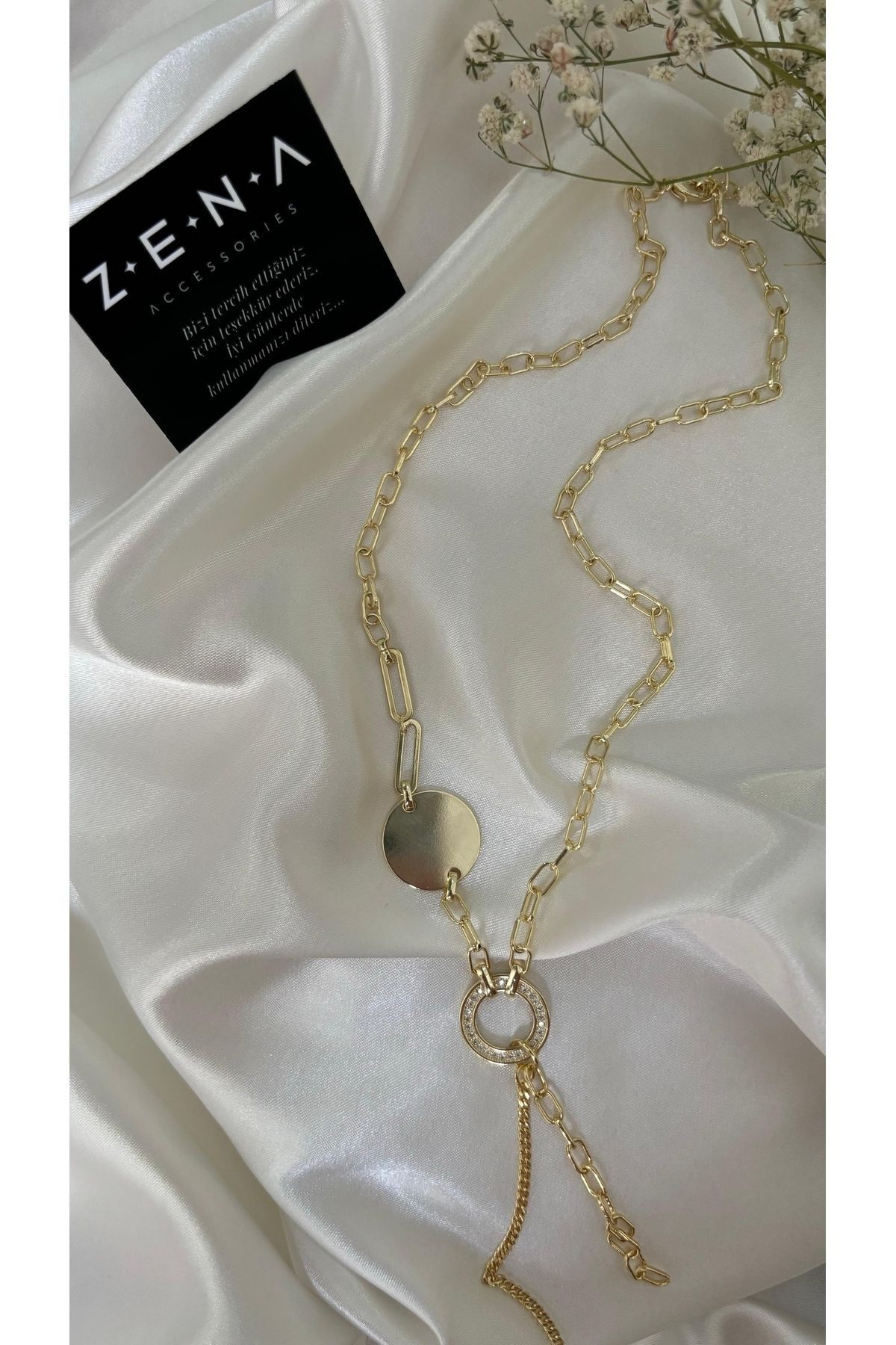 ZENA ACCESSORİES Halka Detaylı Geçmeli Çelik Altın Kolye