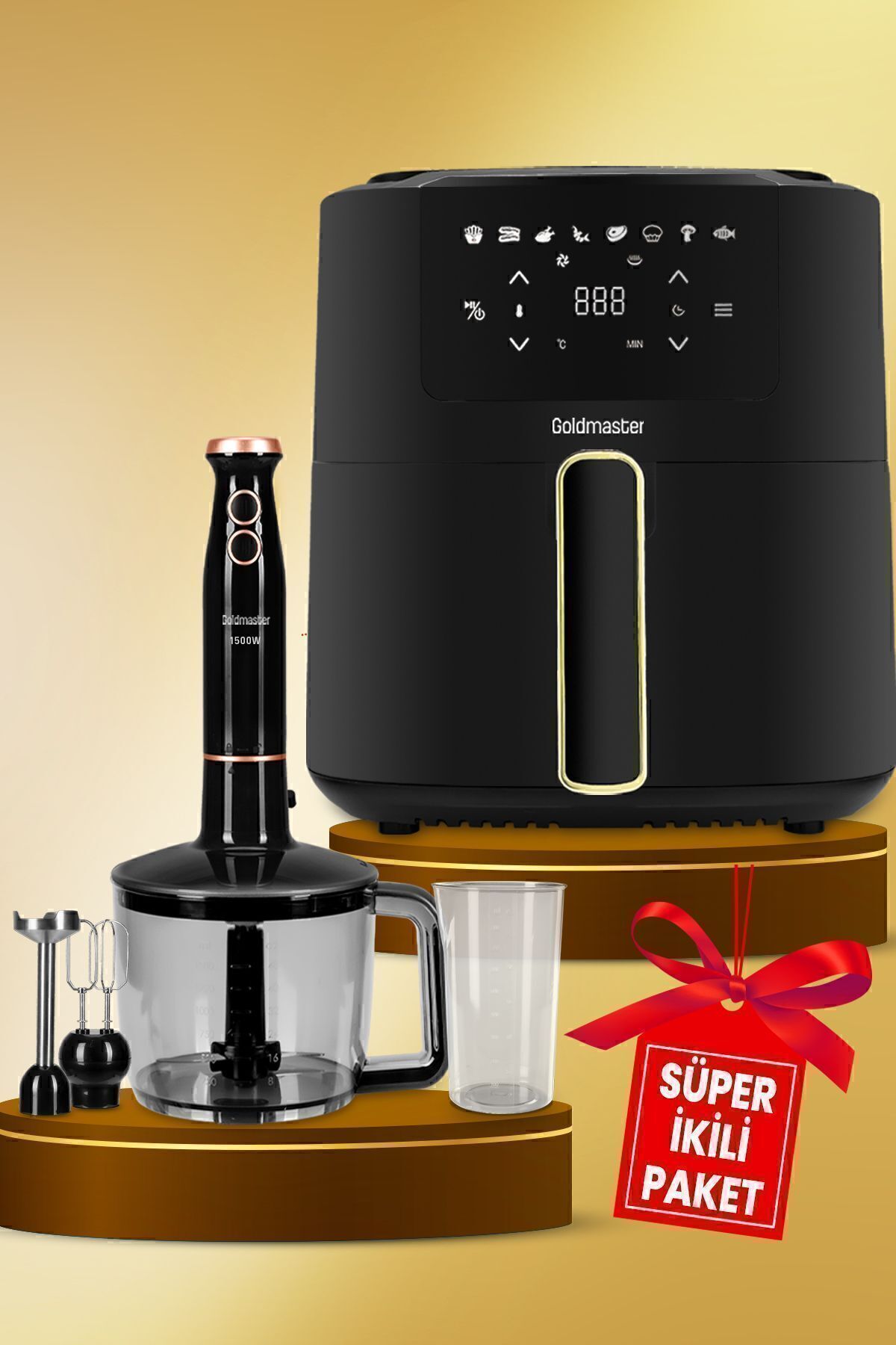 GoldMaster Avantajlı İkili Set XL Airfryer Hava Fritözü 1500 Watt 1.5 Litre 3in1 Multi Blender Set