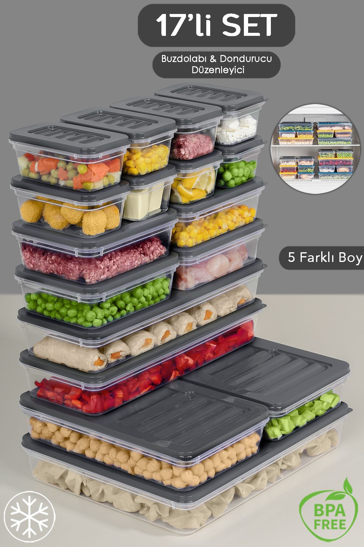 Meleni Home 17 Parça Mikrodalga Difrize Uygun Saklama Kabı - 1x2400ml 2x1170ml 2x1200ml 4x600ml 8x240ml Antrasit