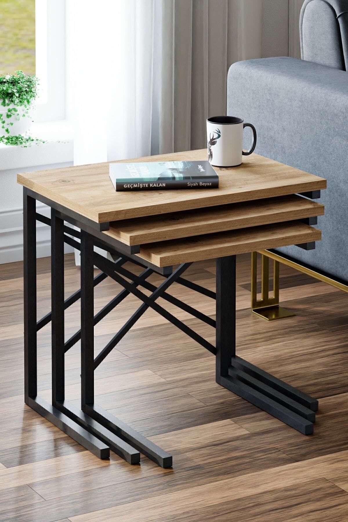 Ceramical Zg1 Metal Ayaklı 3'lü Zigon Sehpa - Çam