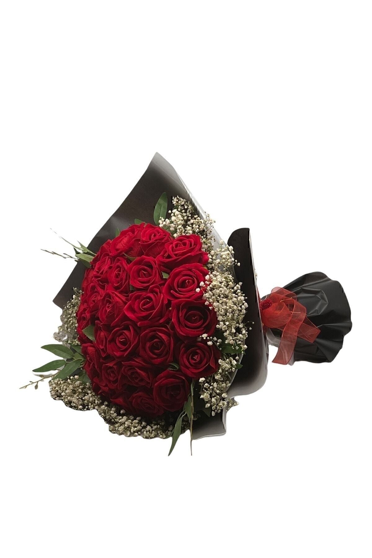 İklim Flowers Gerçek Görünümlü Cipso Süslemeli Yapay Kadife Gül Kız Isteme Buketi 30'lu,isteme Çiçeği