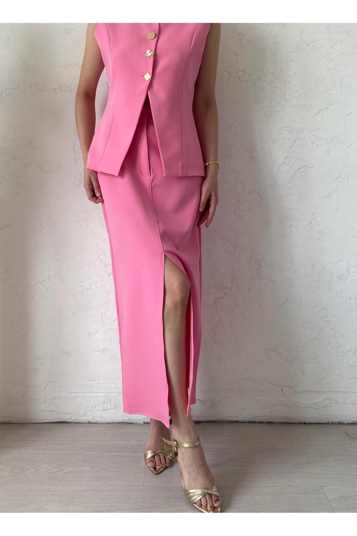 Bade Butik Pembe Basic Yırtmaçlı Etek