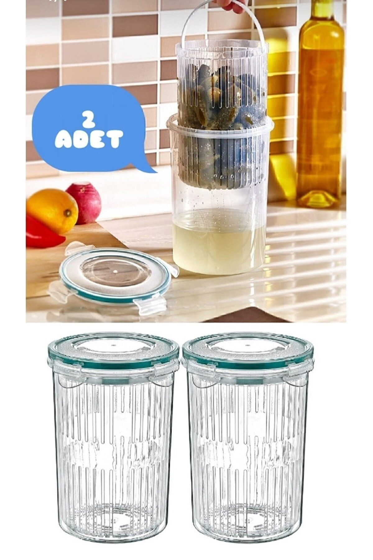 sarıindirim Zeytinlik 2 Adet Süzgeçli Zeytin Turşu Saklama Kabı 1,5 Lt