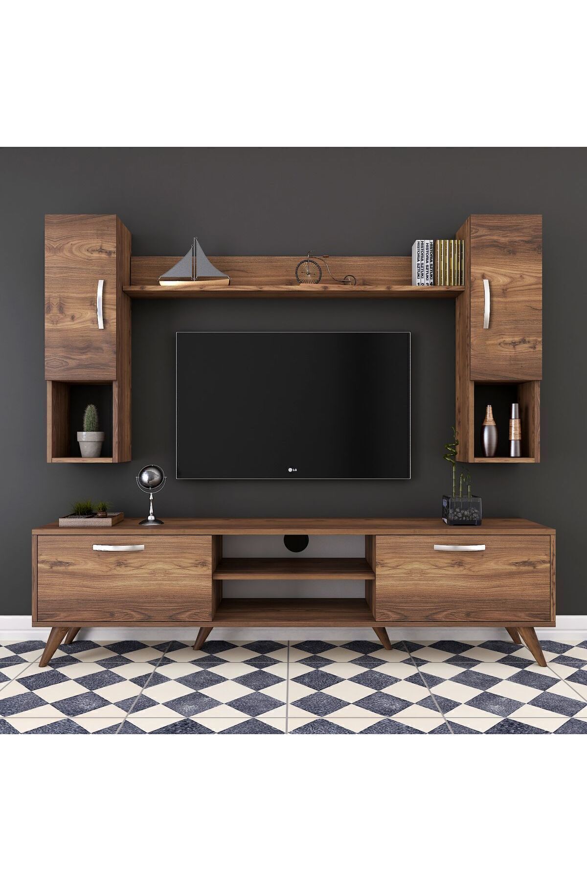 Rani Mobilya Rani A9 Raflı Tv Ünitesi Tv Sehpası Duvara Monte Raflı Modern Ayaklı 180 Cm Minyatür Ceviz M27