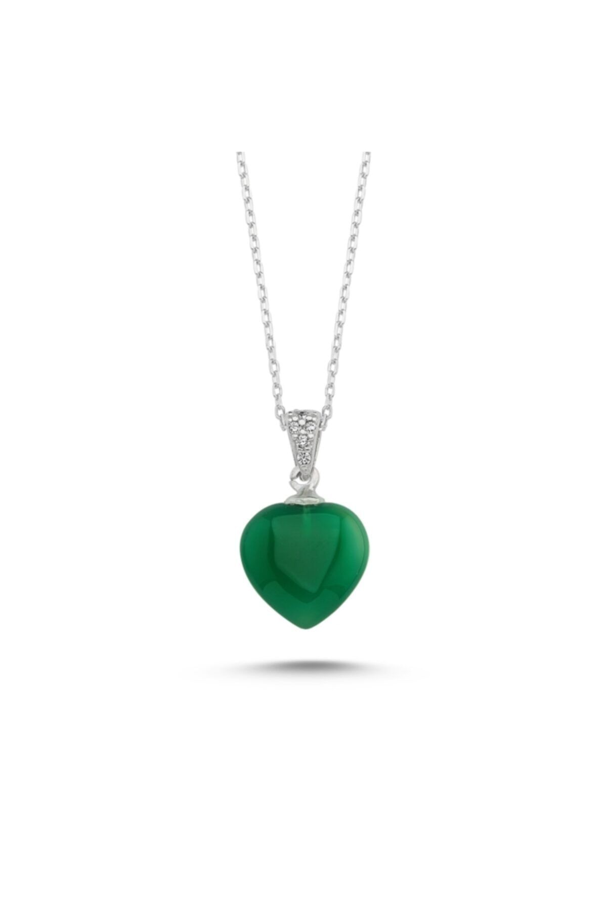 Tevuli Gümüş Yeşil Akik Taşlı Kalp Kolye