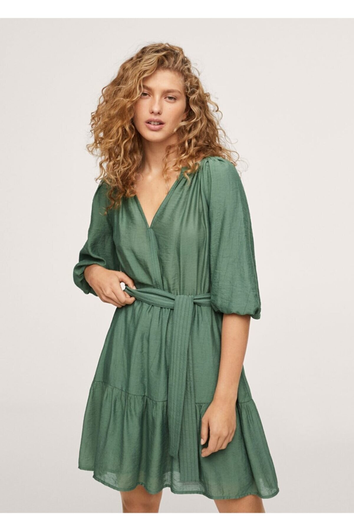 MANGO Kadın Yeşil Kabarık Kollu Elbise