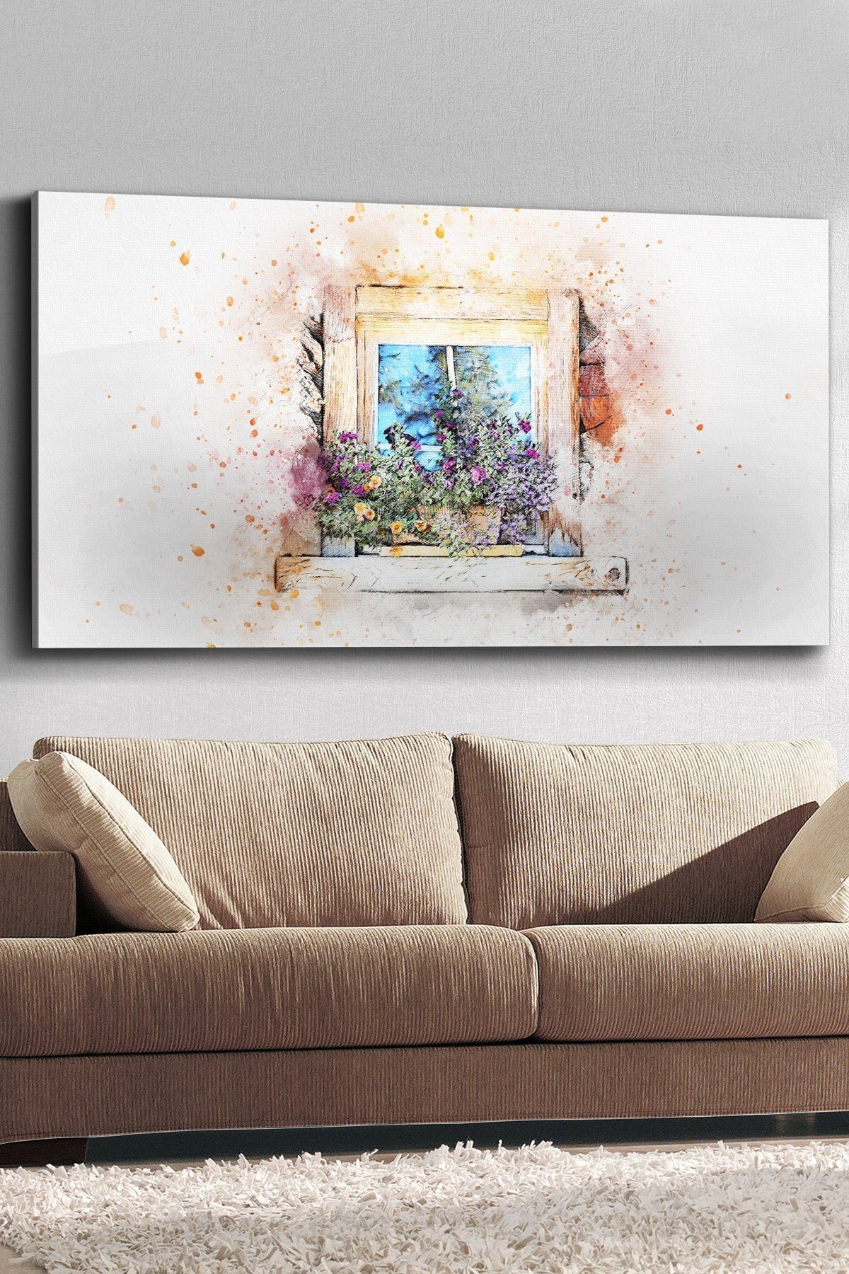 Evimemoda Çizim Çiçekli Pencere Kanvas-canvas Tablo