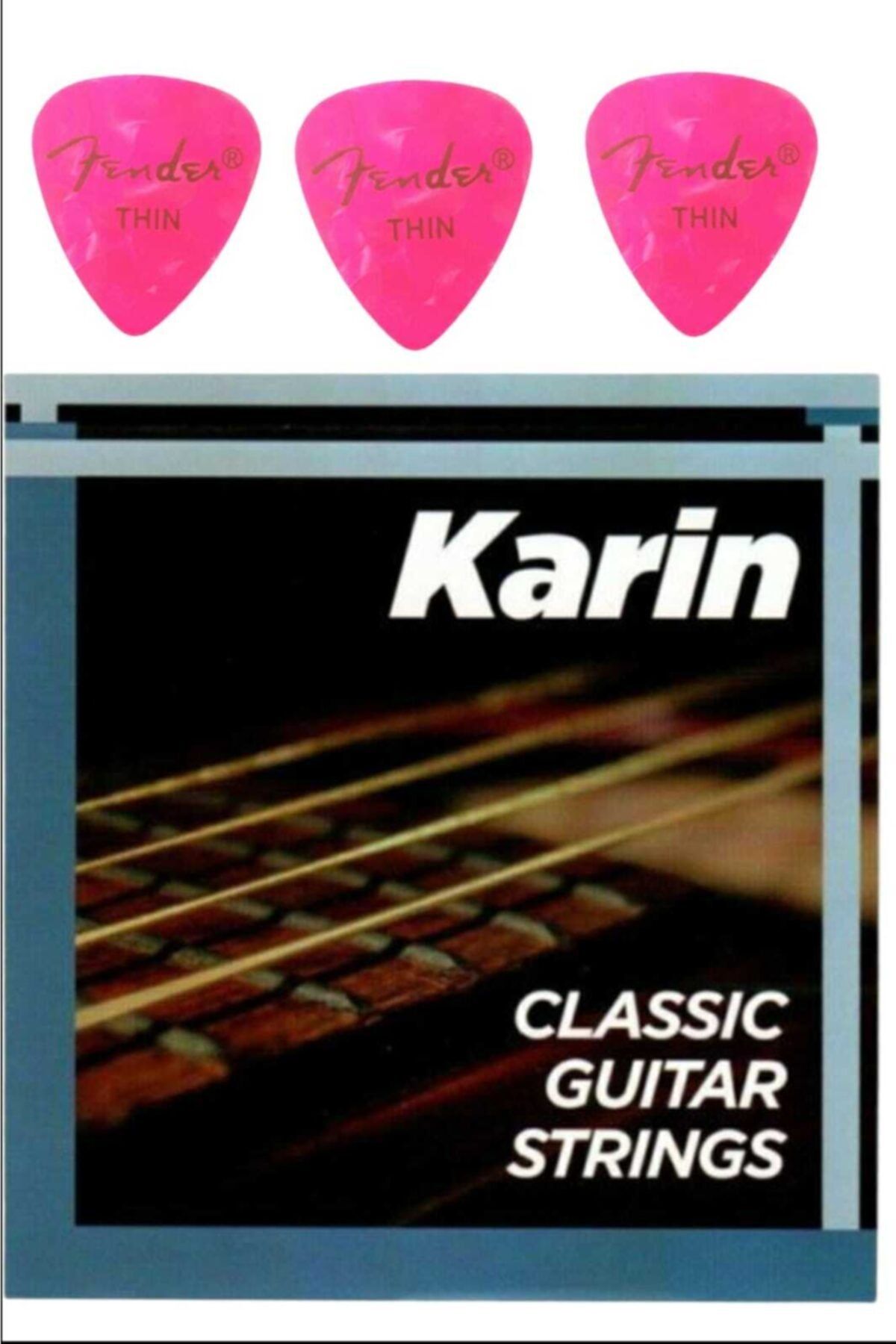 Karin Klasik Gitar Teli 6'lı + 3 Adet Fender 351 Shape Premium Pink Picks Medium Pena