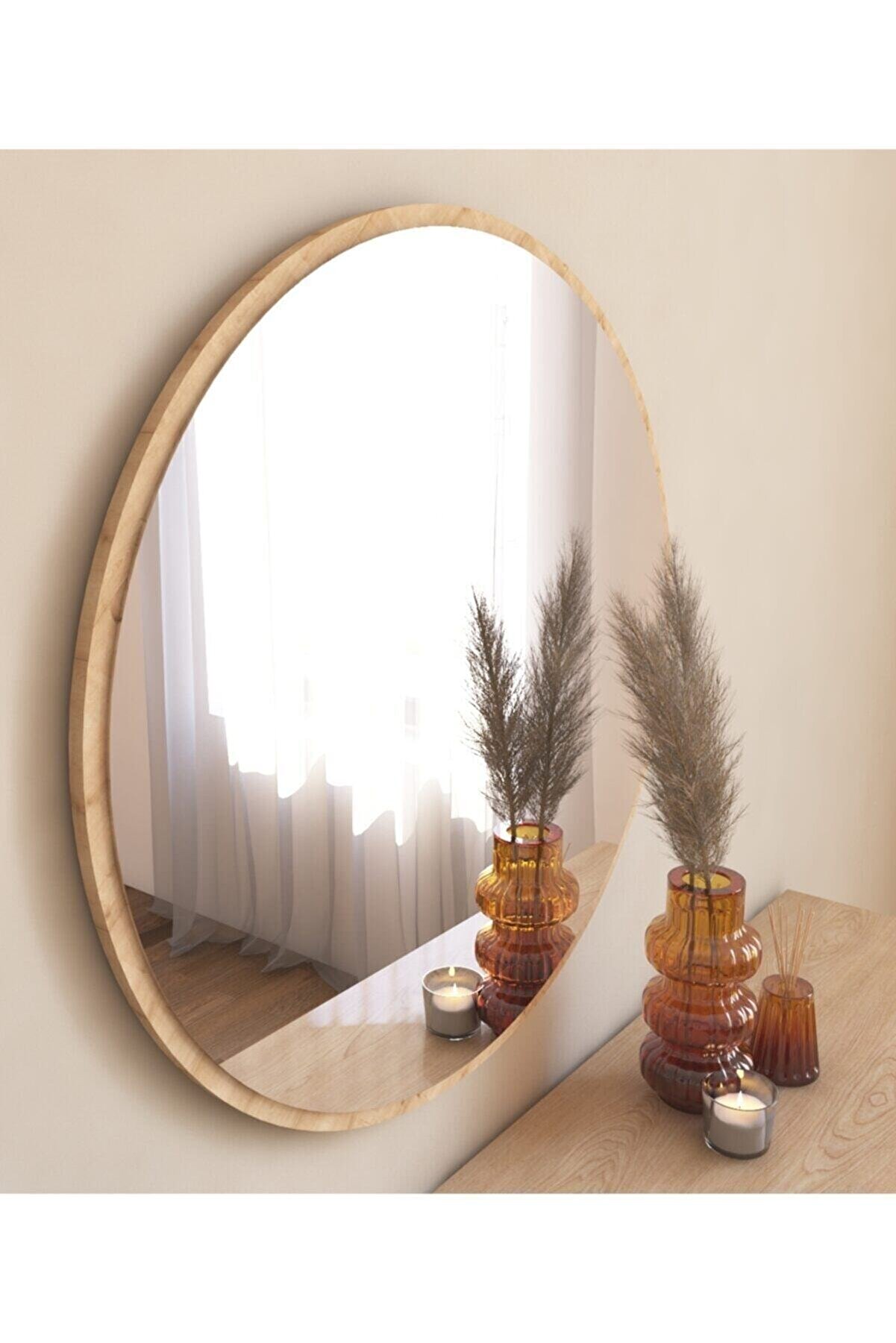 MONEayna Dekoratif Yuvarlak Ayna Natural Antre Hol Koridor Duvar Salon Mutfak Banyo Wc Ofis Aynası Mg301
